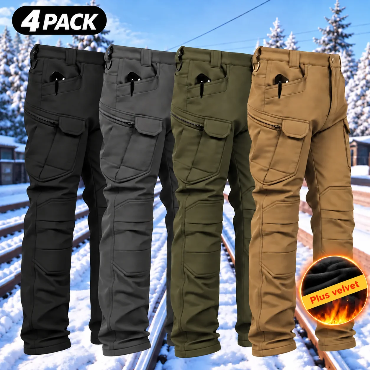 Men's 320G Fleece-Lined Windproof Outdoor Tactical Pants