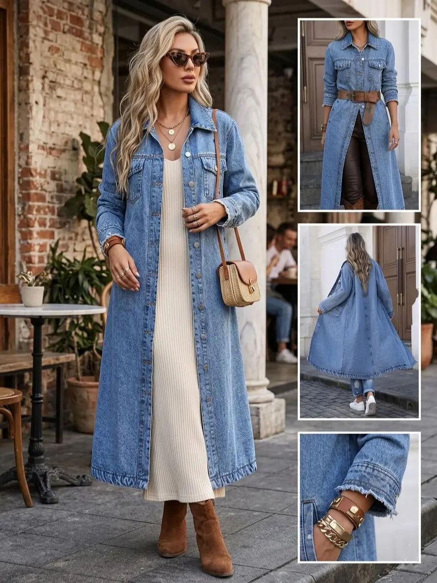 Women's Long Denim Trench Coat - Elegant Casual Outerwear