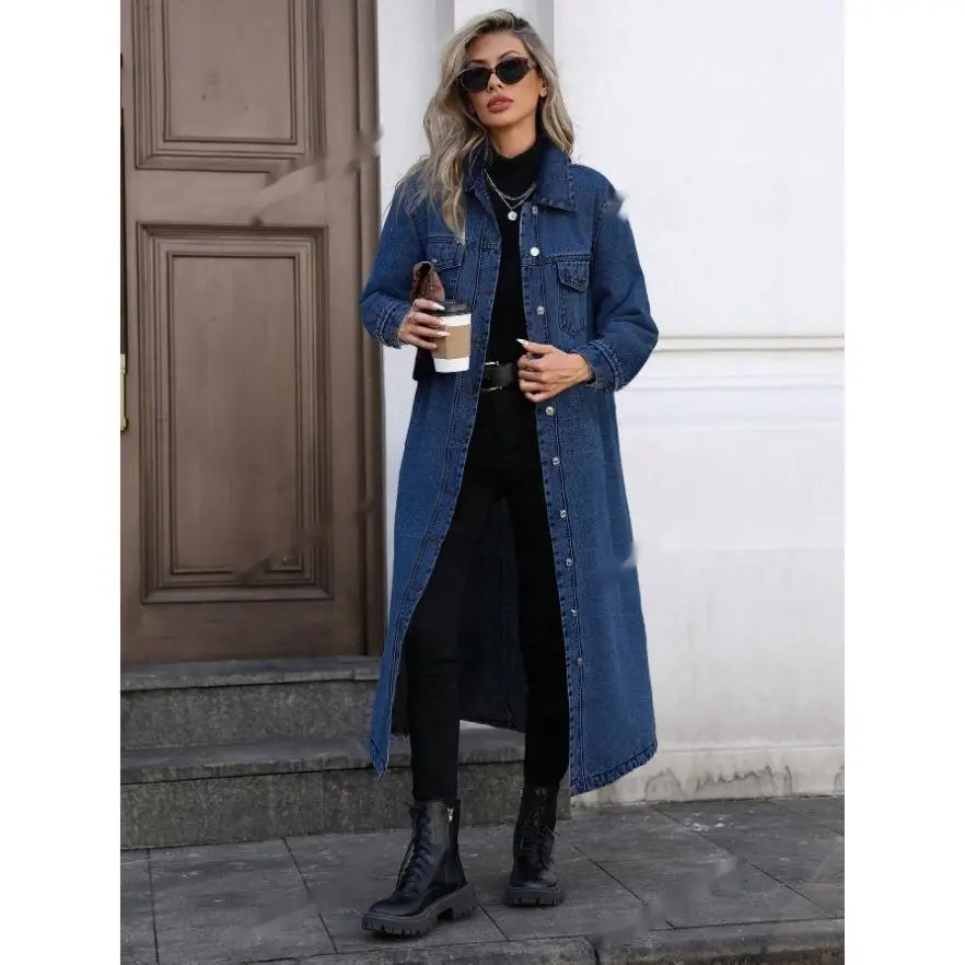 Women's Long Denim Trench Coat - Elegant Casual Outerwear