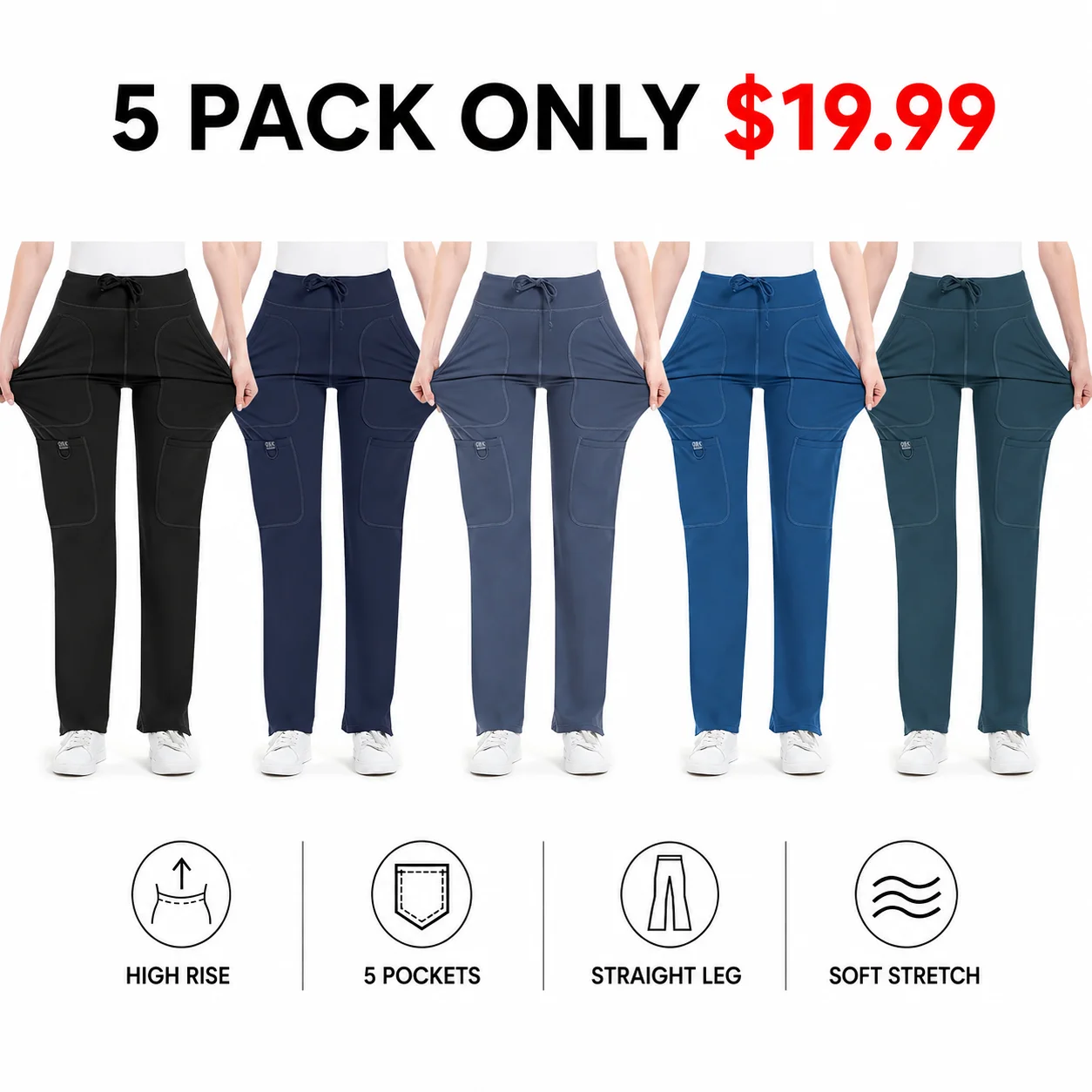 Women's Yoga Scrub Pants - 4-Way Stretch Work Pants with 5 Pockets