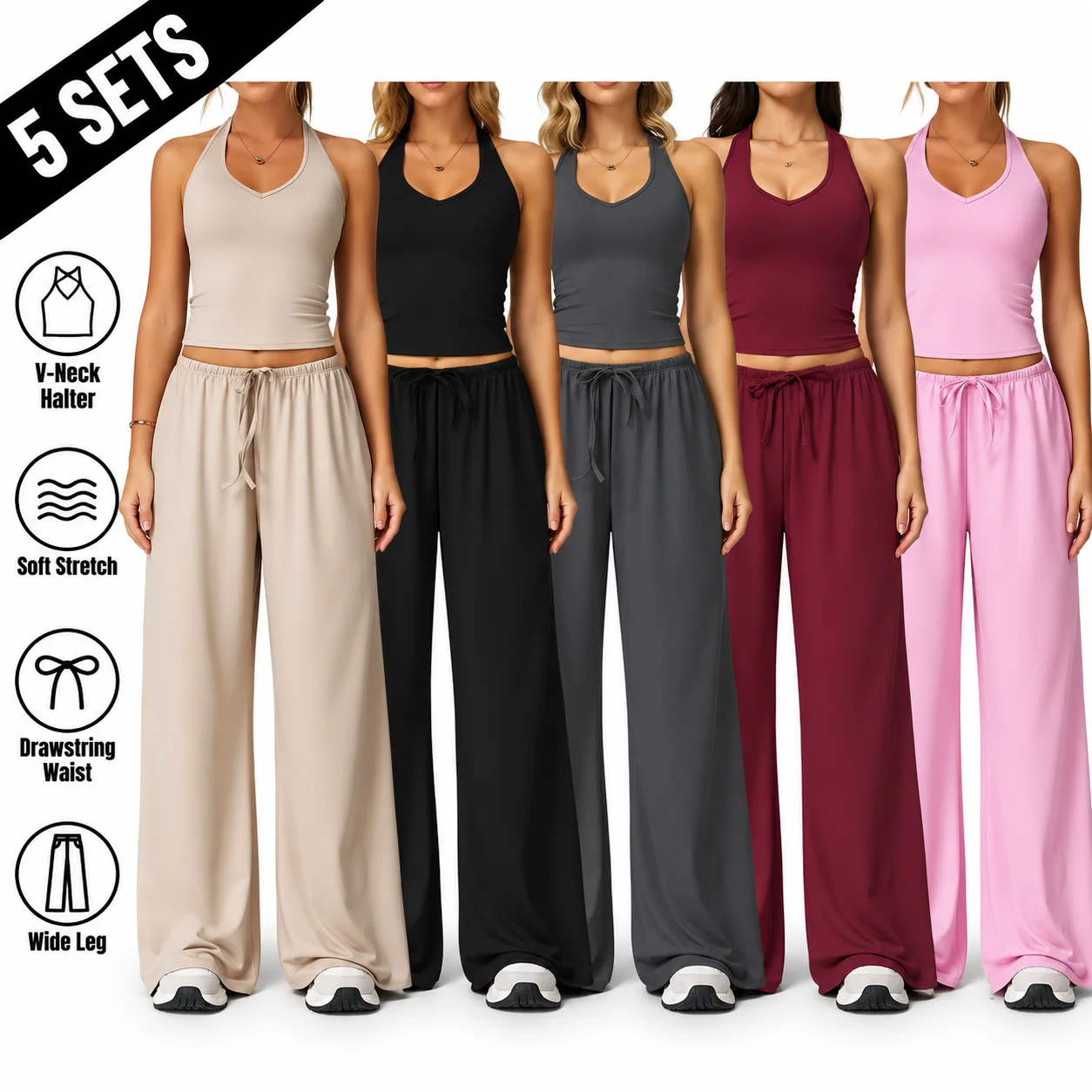 Women's 2-Piece Ribbed Athleisure Set with V-Neck Strappy Top & Wide Leg Pants