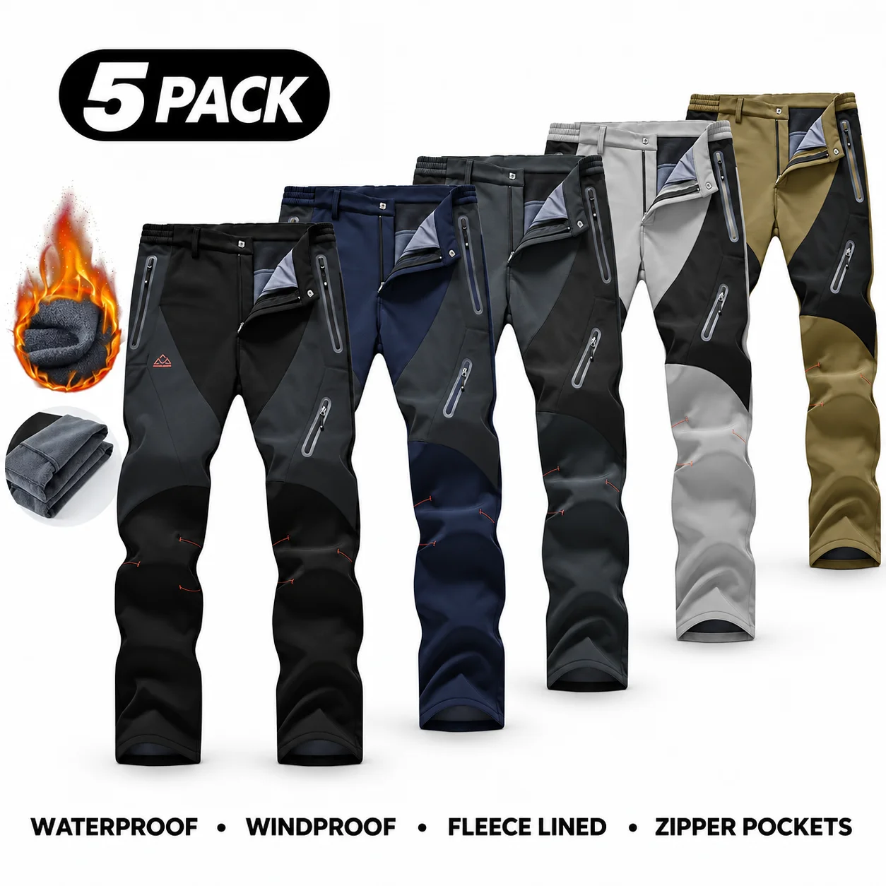 Men's Waterproof Insulated Thermal Softshell Hiking Pants with Zipper Pockets