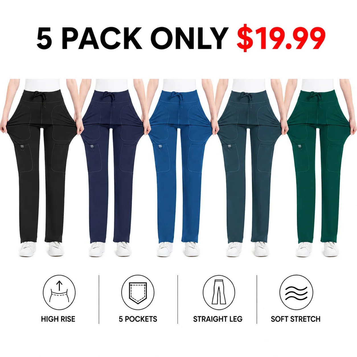 Women's Yoga Scrub Pants - 4-Way Stretch Work Pants with 5 Pockets
