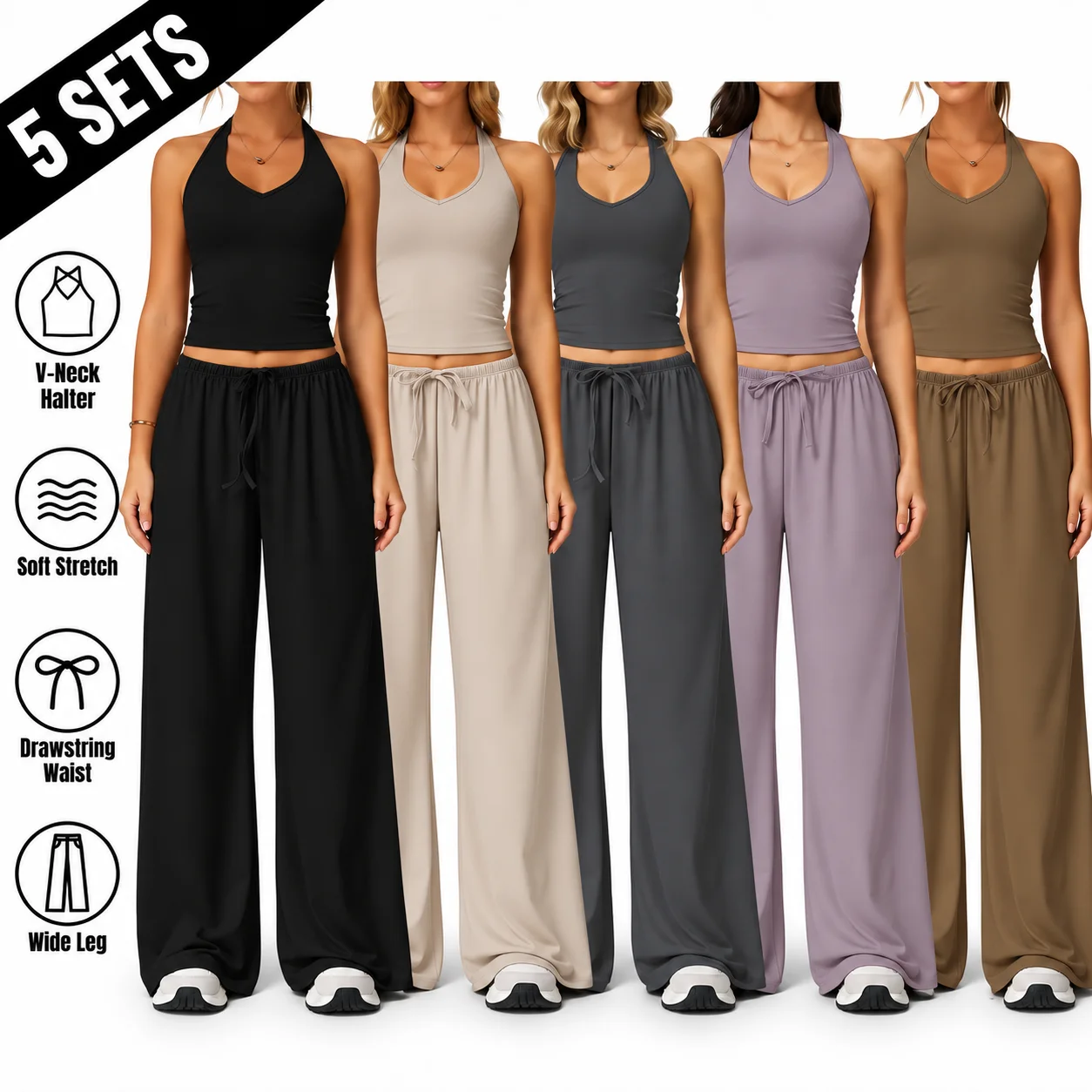 Women's 2-Piece Ribbed Athleisure Set with V-Neck Strappy Top & Wide Leg Pants