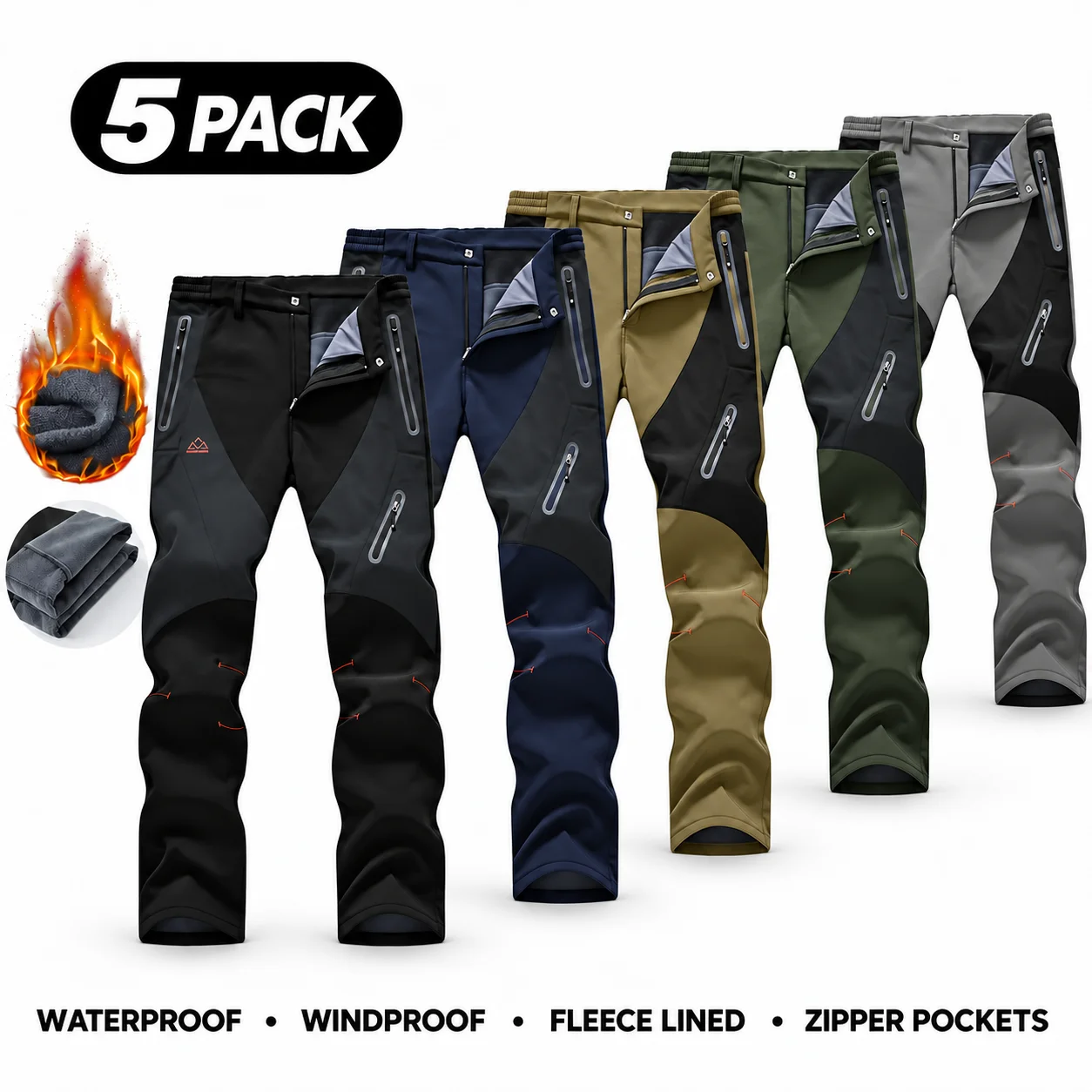Men's Waterproof Insulated Thermal Softshell Hiking Pants with Zipper Pockets