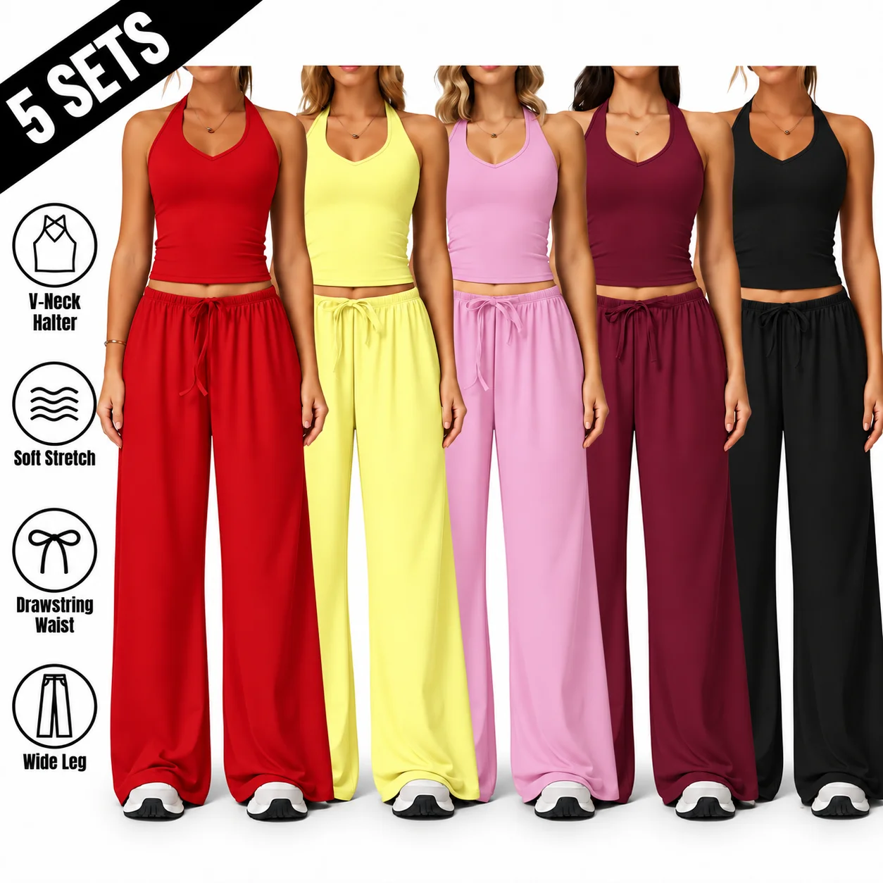 Women's 2-Piece Ribbed Athleisure Set with V-Neck Strappy Top & Wide Leg Pants