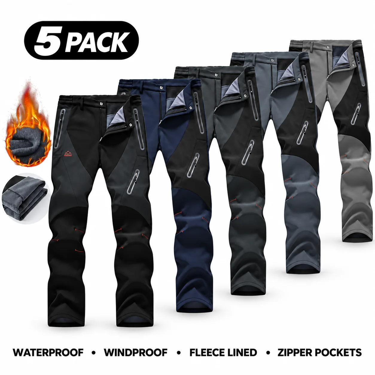 Men's Waterproof Insulated Thermal Softshell Hiking Pants with Zipper Pockets