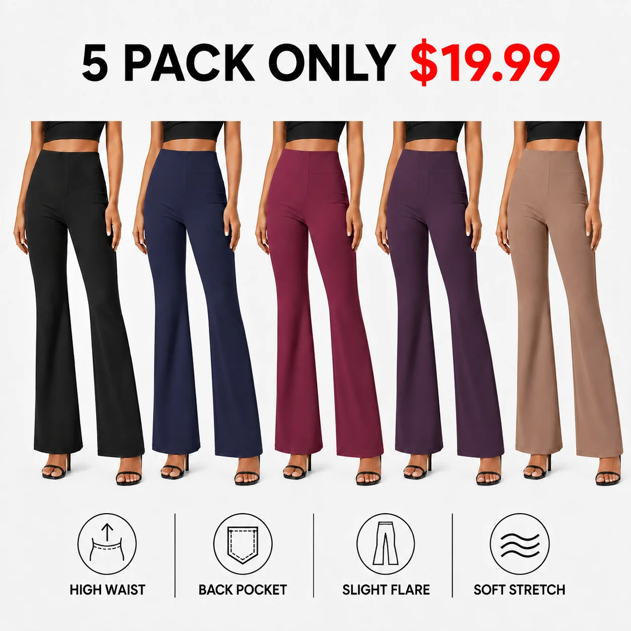 Women's Flex High Waisted Back Side Pocket Slight Flare Work Pants