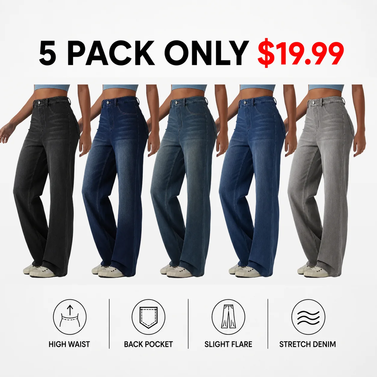 Women's Flex High Waisted Sculpted Lift Design Straight Leg Casual Jeans with Pockets