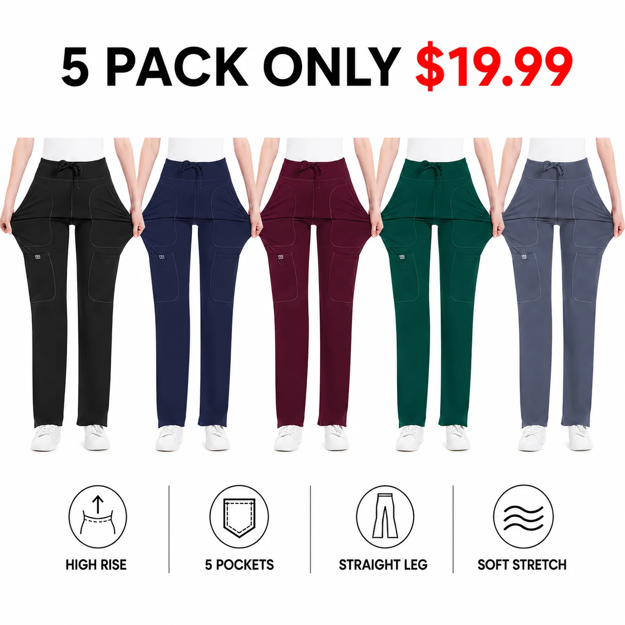 Women's Yoga Scrub Pants - 4-Way Stretch Work Pants with 5 Pockets