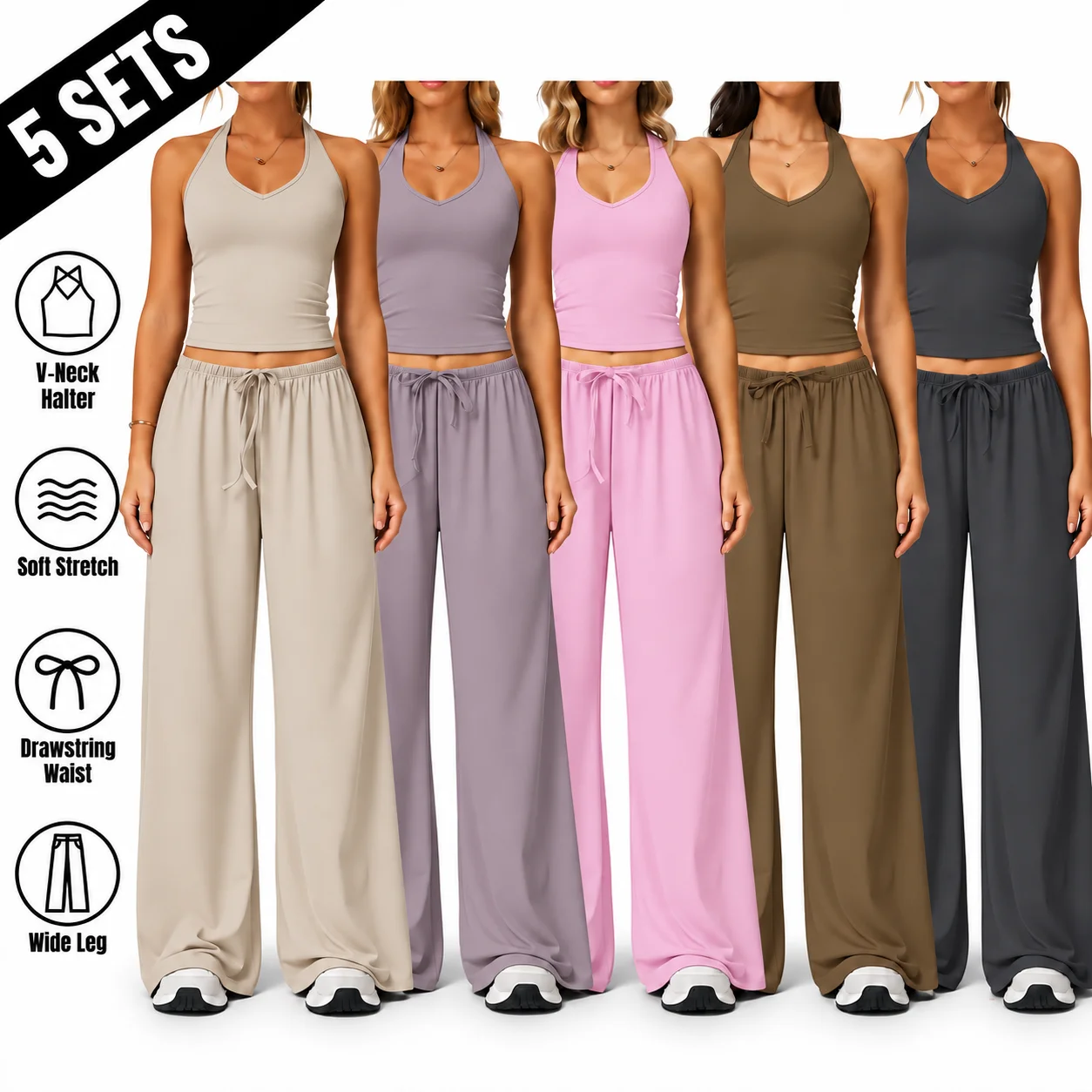 Women's 2-Piece Ribbed Athleisure Set with V-Neck Strappy Top & Wide Leg Pants