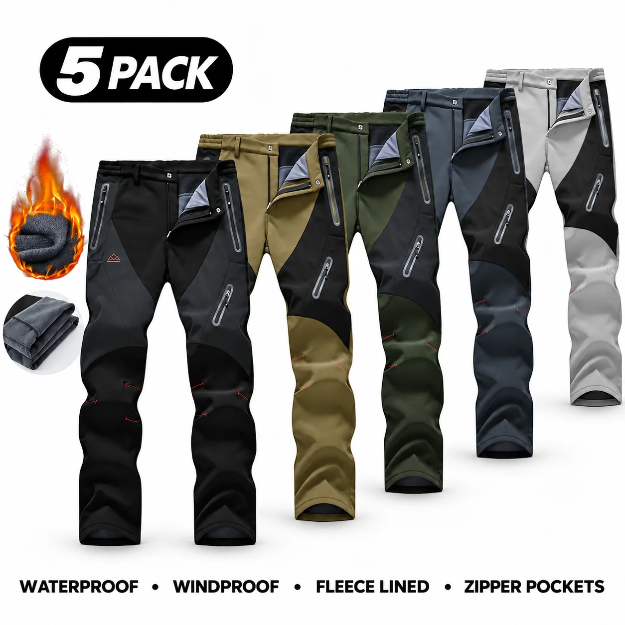 Men's Waterproof Insulated Thermal Softshell Hiking Pants with Zipper Pockets