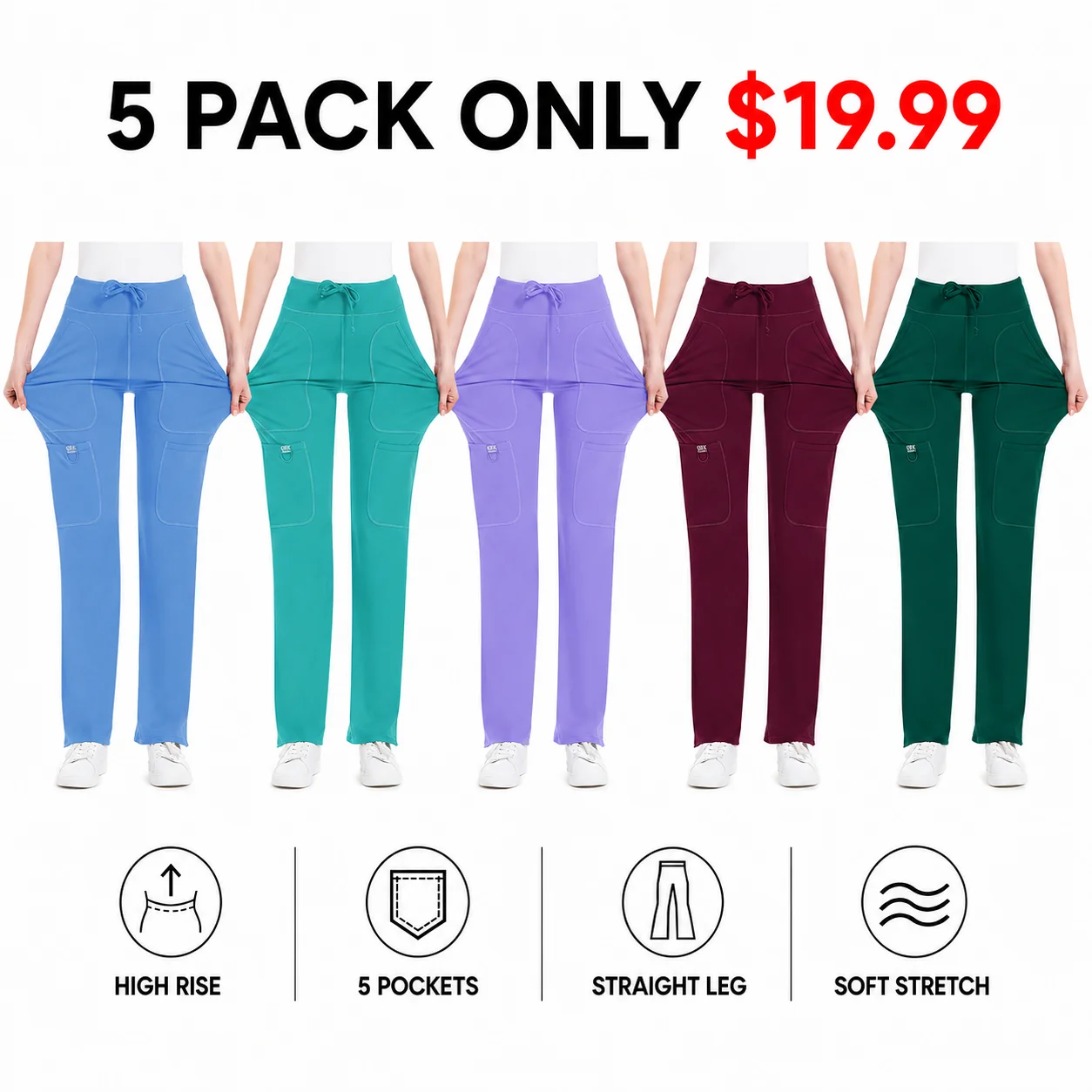 Women's Yoga Scrub Pants - 4-Way Stretch Work Pants with 5 Pockets