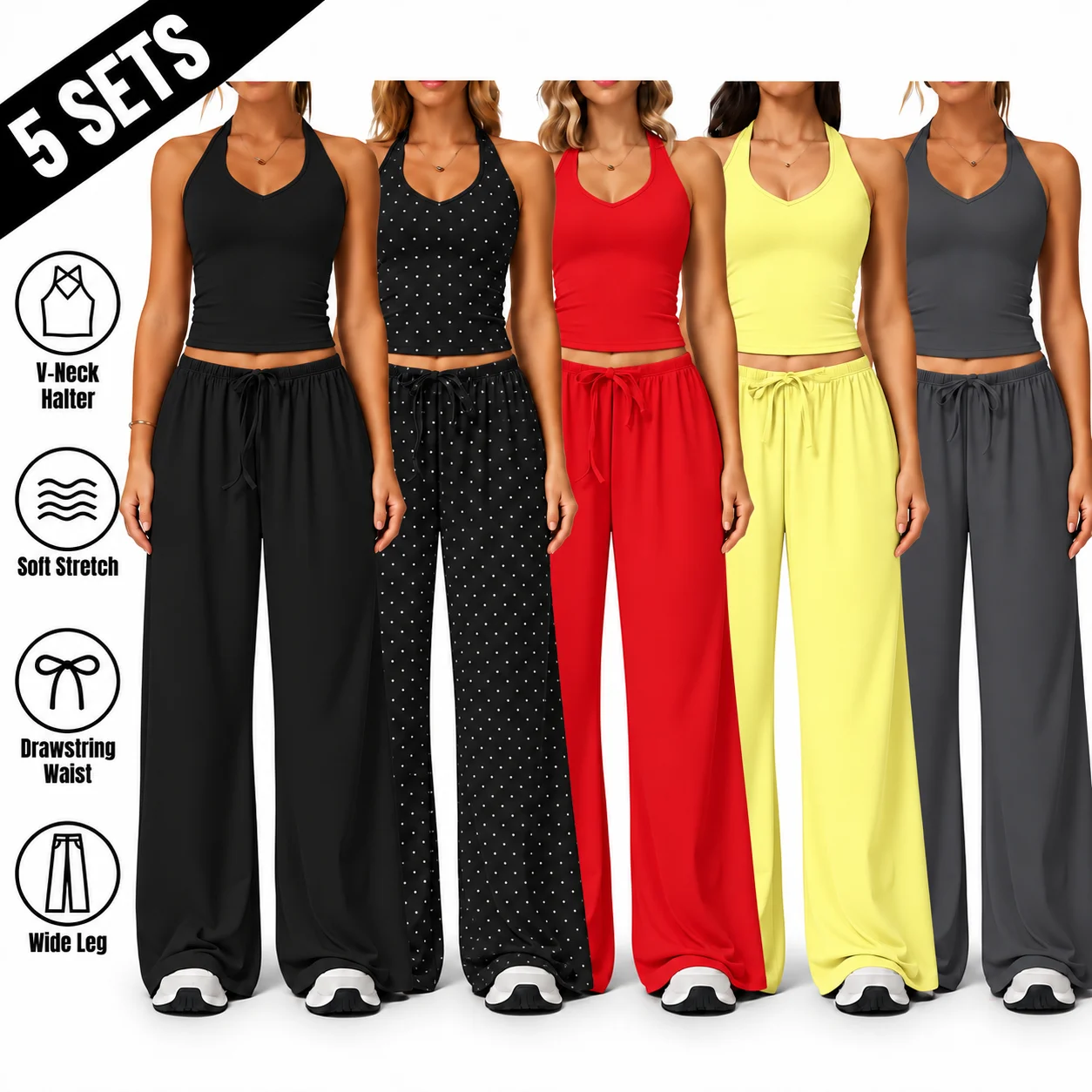 Women's 2-Piece Ribbed Athleisure Set with V-Neck Strappy Top & Wide Leg Pants