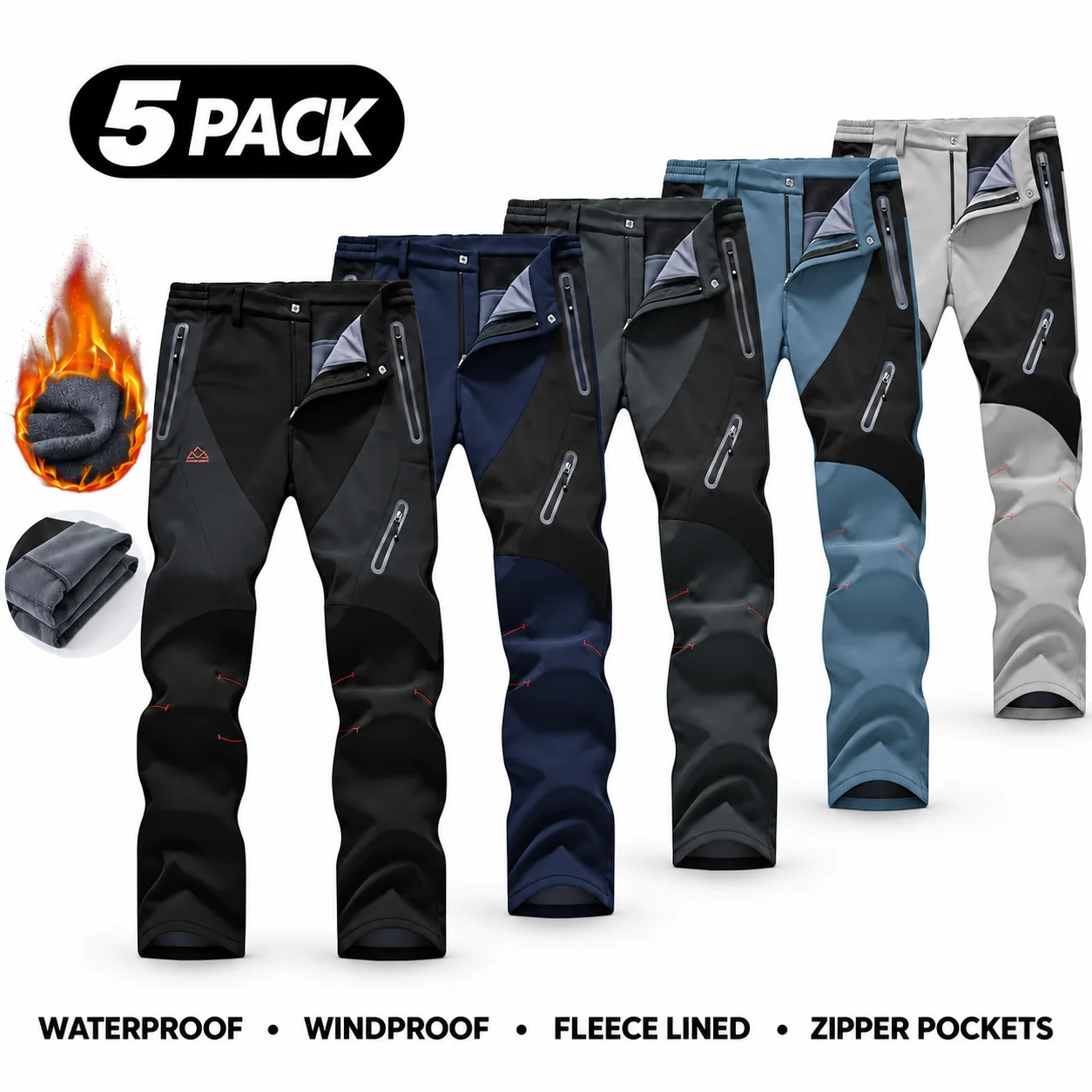 Men's Waterproof Insulated Thermal Softshell Hiking Pants with Zipper Pockets