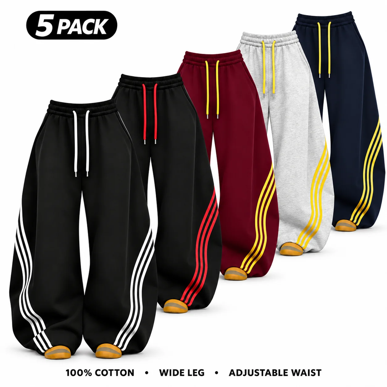 Women's 100% Cotton Retro Three-Stripe Colorblock Wide-Leg Pants with Waist Tie