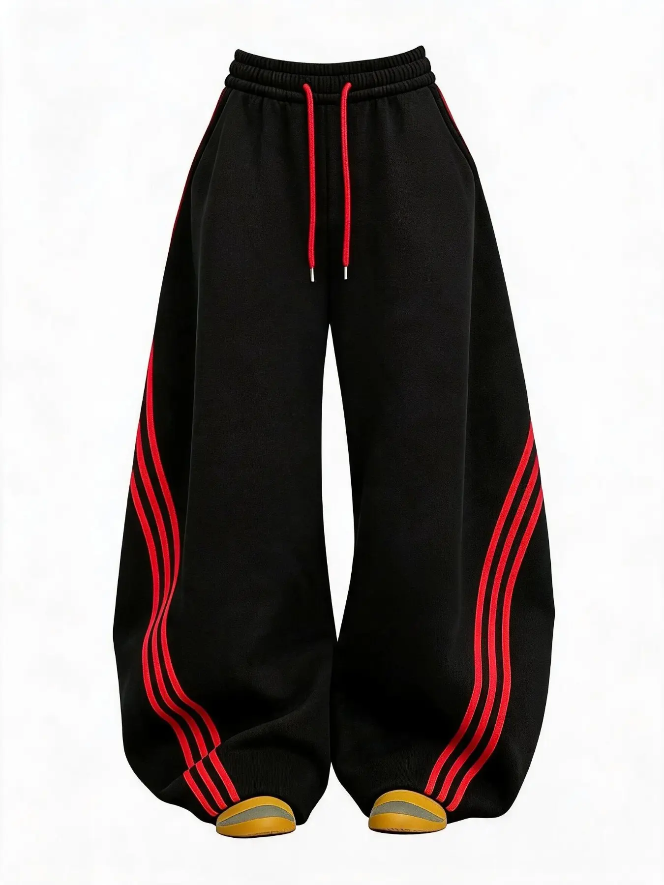 Women's 100% Cotton Retro Three-Stripe Colorblock Wide-Leg Pants with Waist Tie