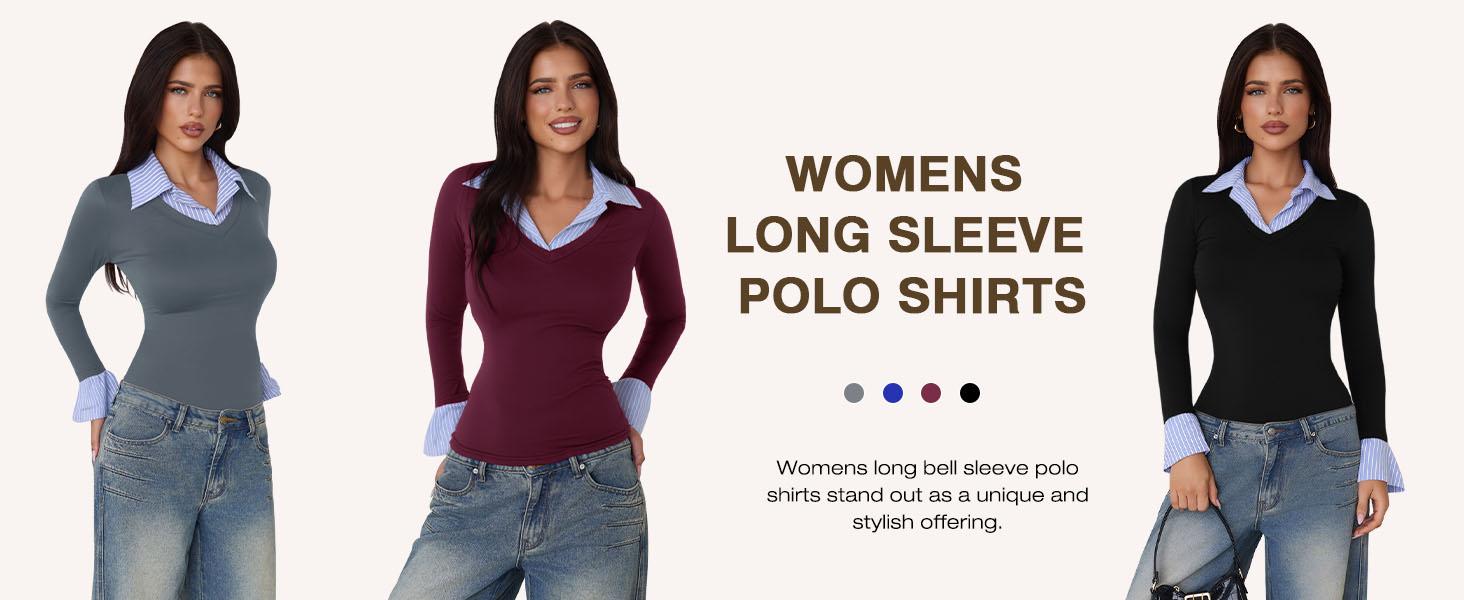 Tankaneo Womens Long Sleeve Polo Shirts Business Casual Work Tops Slim Fit V Neck Collared Patchwork Black Vneck Womenswear Tankaneo Womens Long Sleeve Polo Shirts Business Casual Work Tops Slim Fit V Neck Collared Patchwork Black Vneck Womenswear
