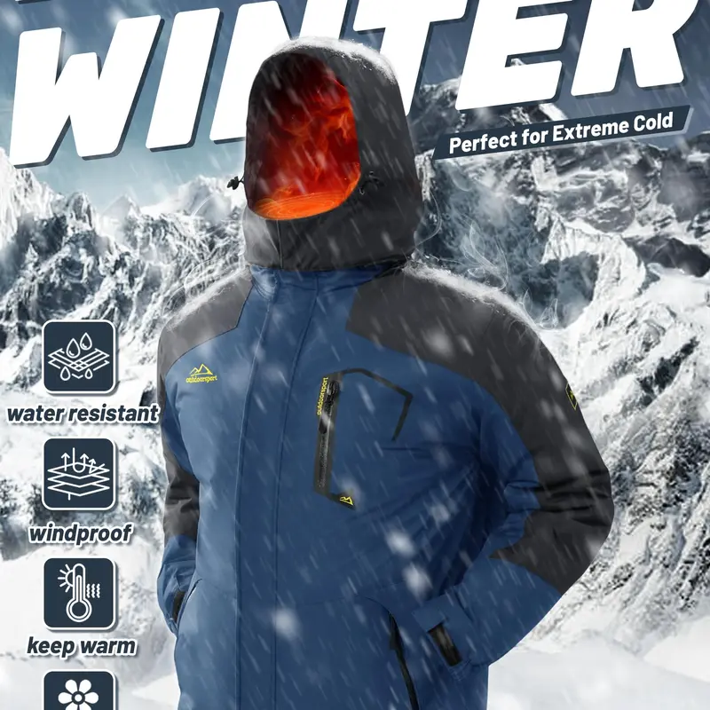 Men's Waterproof Wind-Resistant Fleece-Lined Ski & Hiking Jacket with Detachable Hood & Multi-Pockets