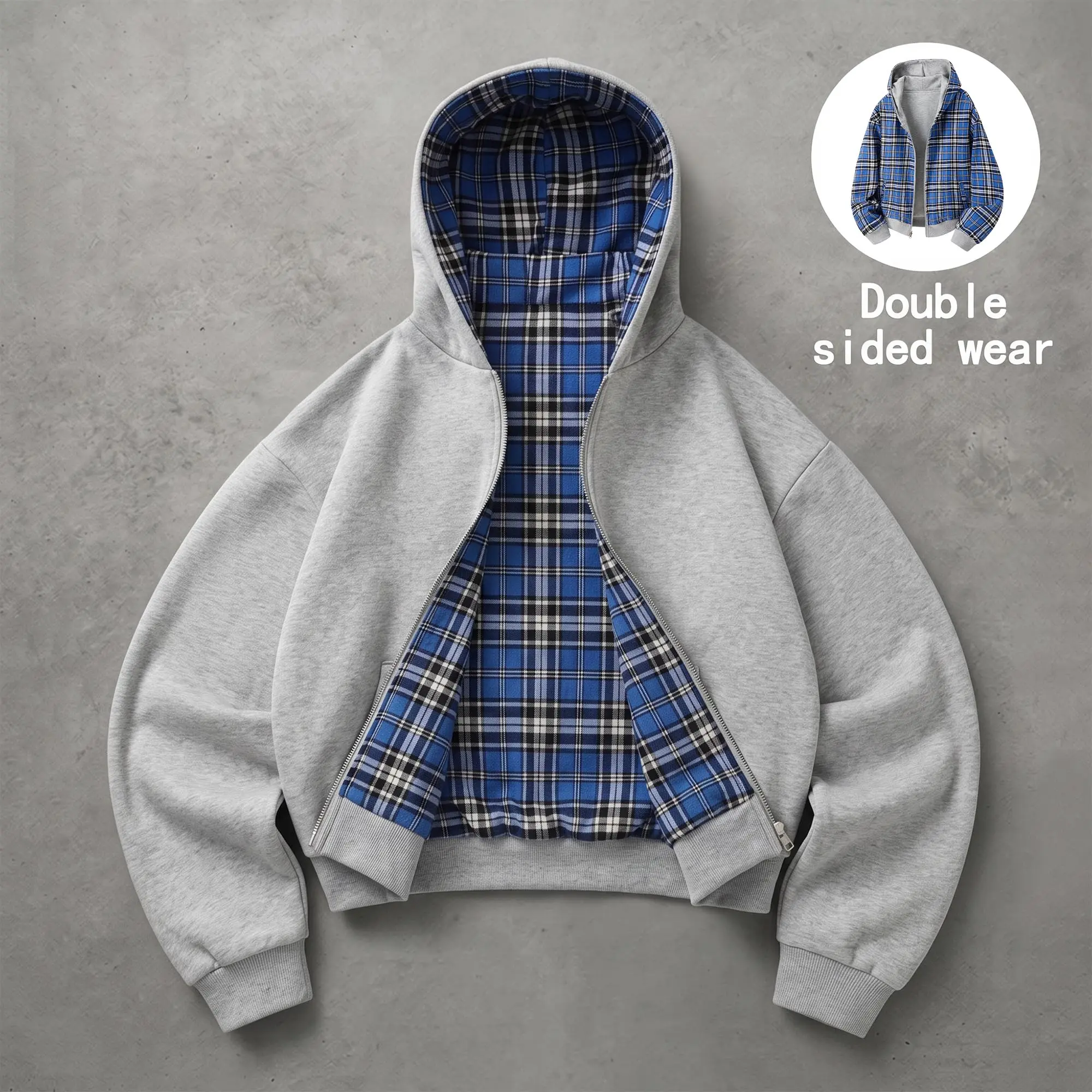 Unisex Cotton Plaid Reversible Hooded Jacket with Pockets