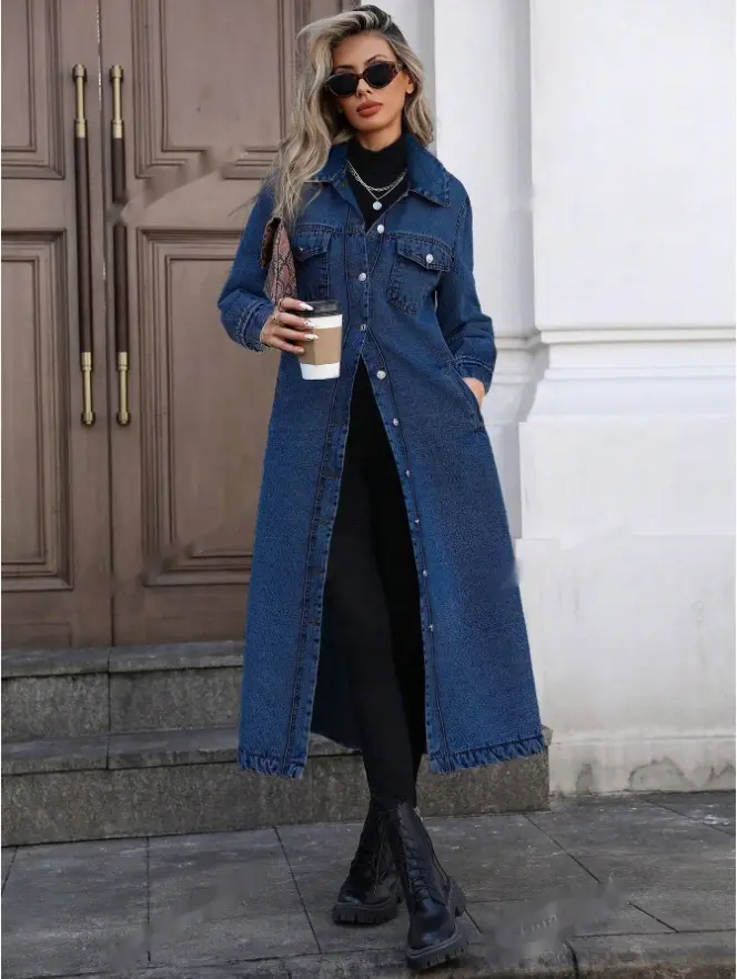 Women's Long Denim Trench Coat - Elegant Casual Outerwear