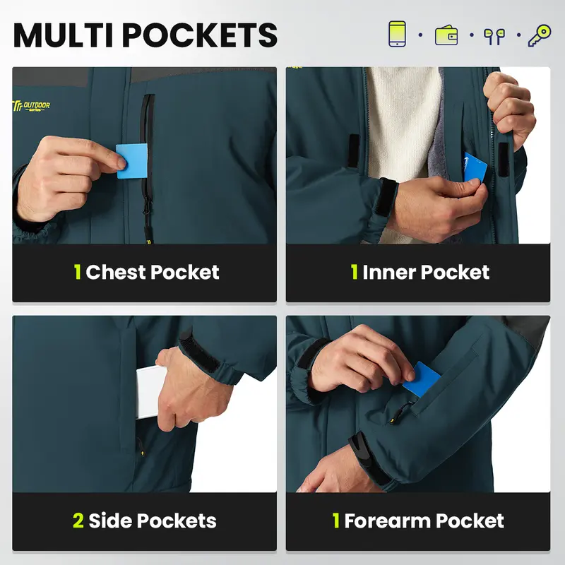 Men's Waterproof Windproof Fleece-Lined Insulated Ski Jacket with Detachable Hood & 5 Pockets