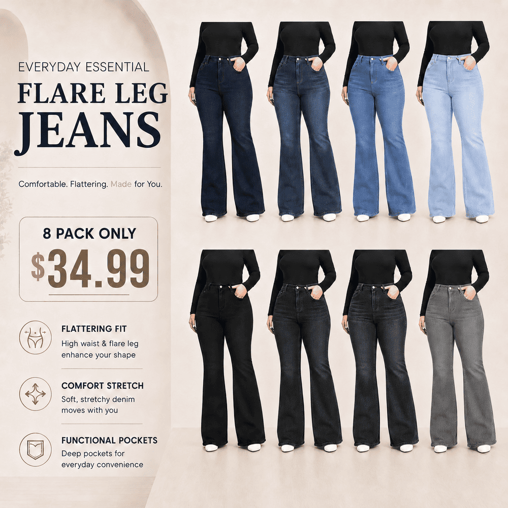 Plus Size Plain Pocket Button Flare Leg Jeans