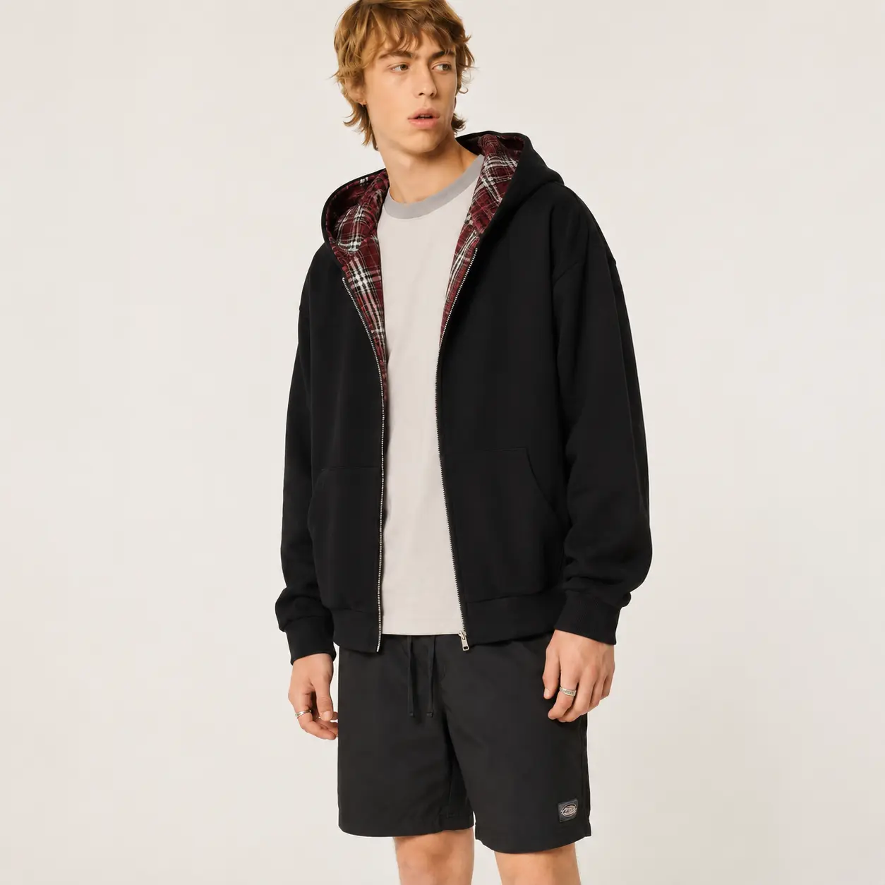 Unisex Cotton Plaid Reversible Hooded Jacket with Pockets