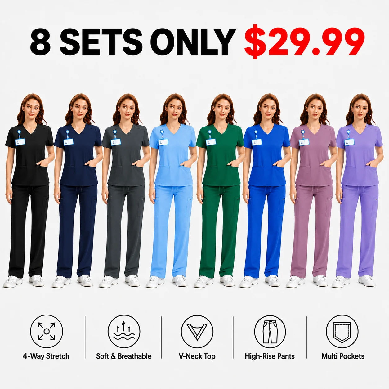 Women's 4-Way Stretch V-Neck Scrub Top & High-Rise Yoga Scrub Pants Set
