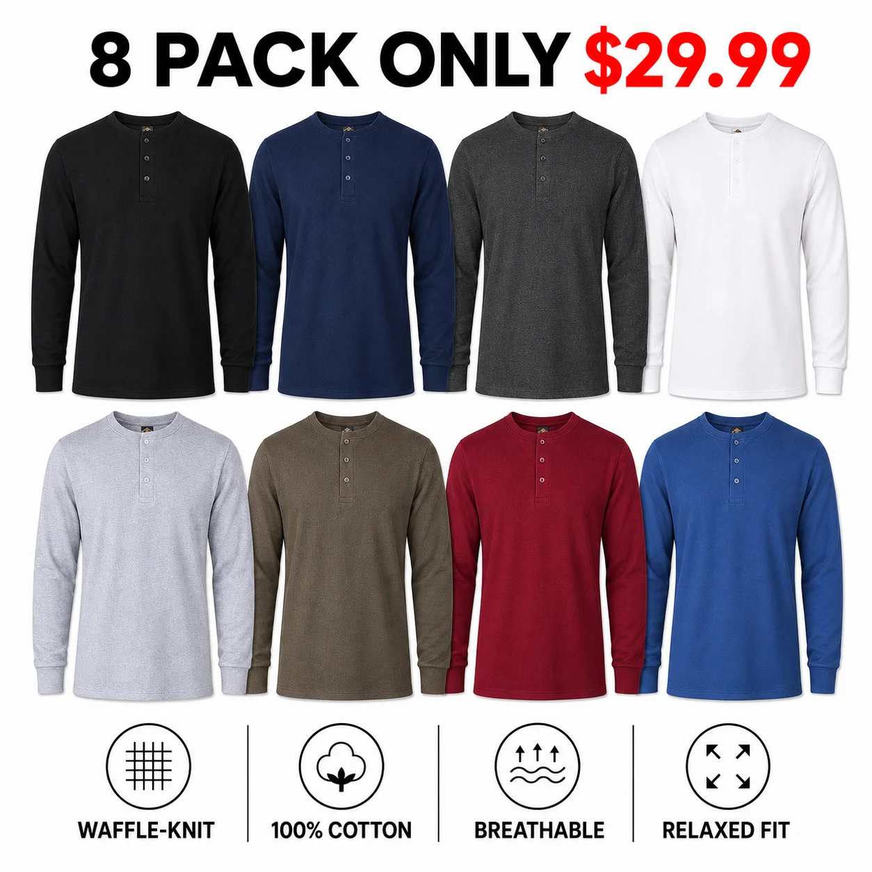 Men's Cotton Waffle-Knit Thermal Henley Shirt