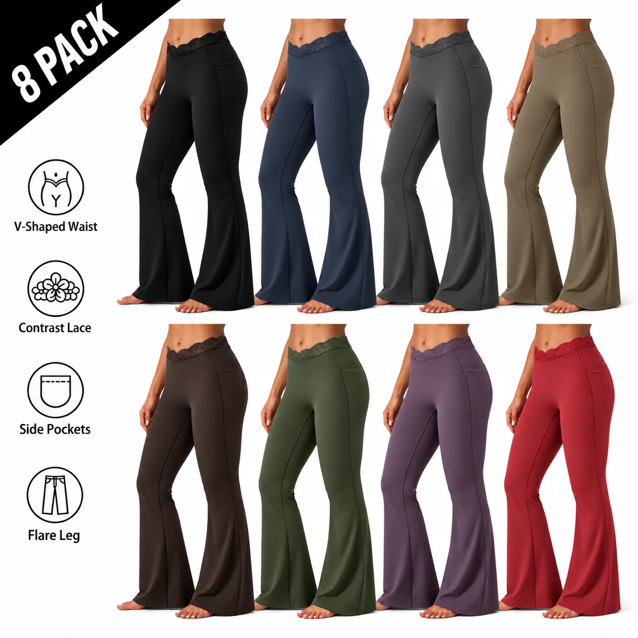 Women's UltraSculpt V-Shaped High Waisted Contrast Lace Yoga Flare Leggings with Pockets