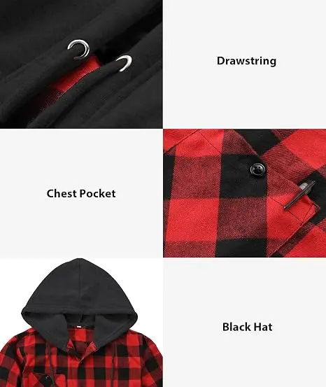 Men's Plaid Hooded Drawstring Jacket with Pockets
