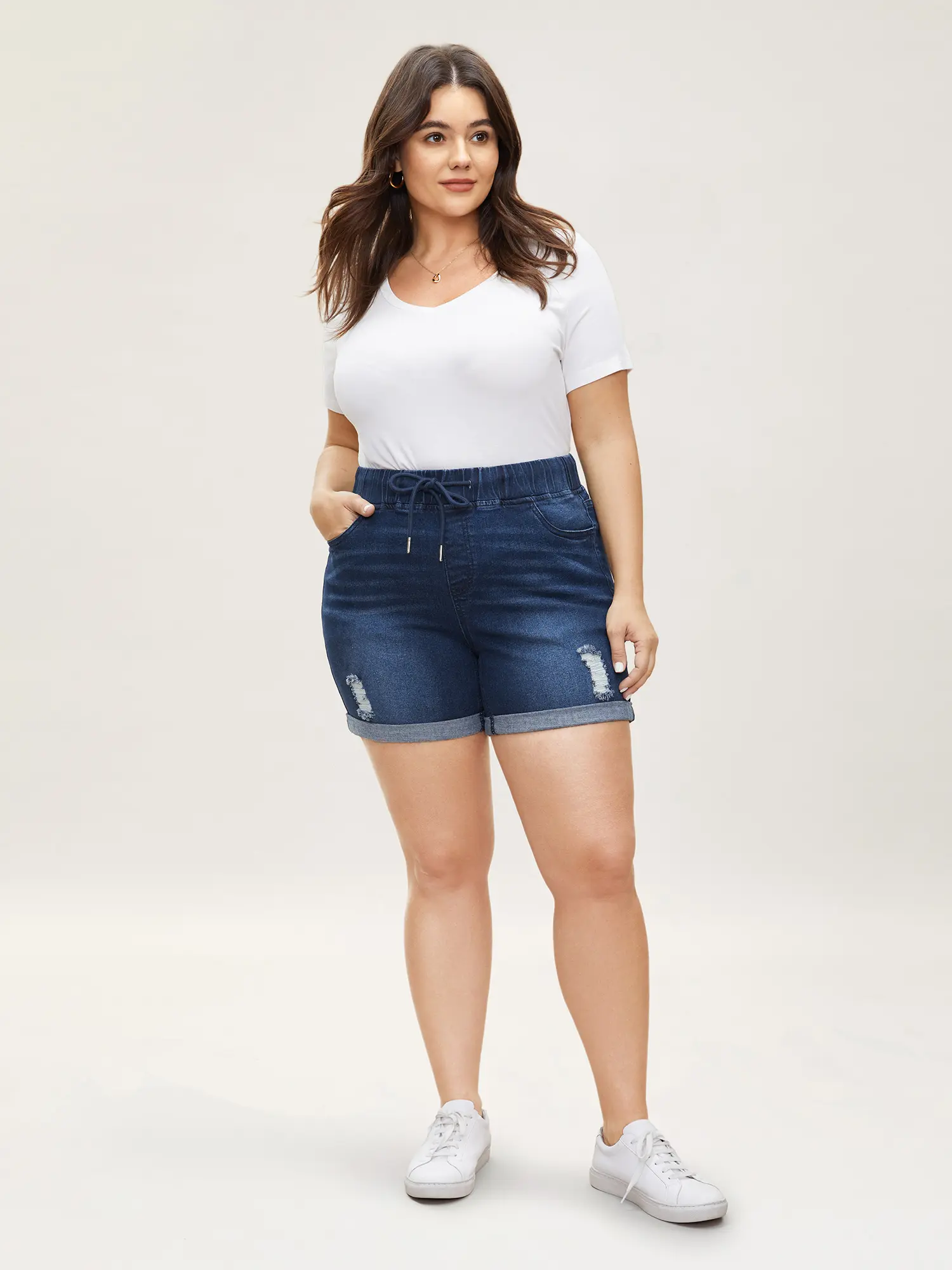 Women's Plussize Pull-On Drawstring Elastic Waist Denim Shorts