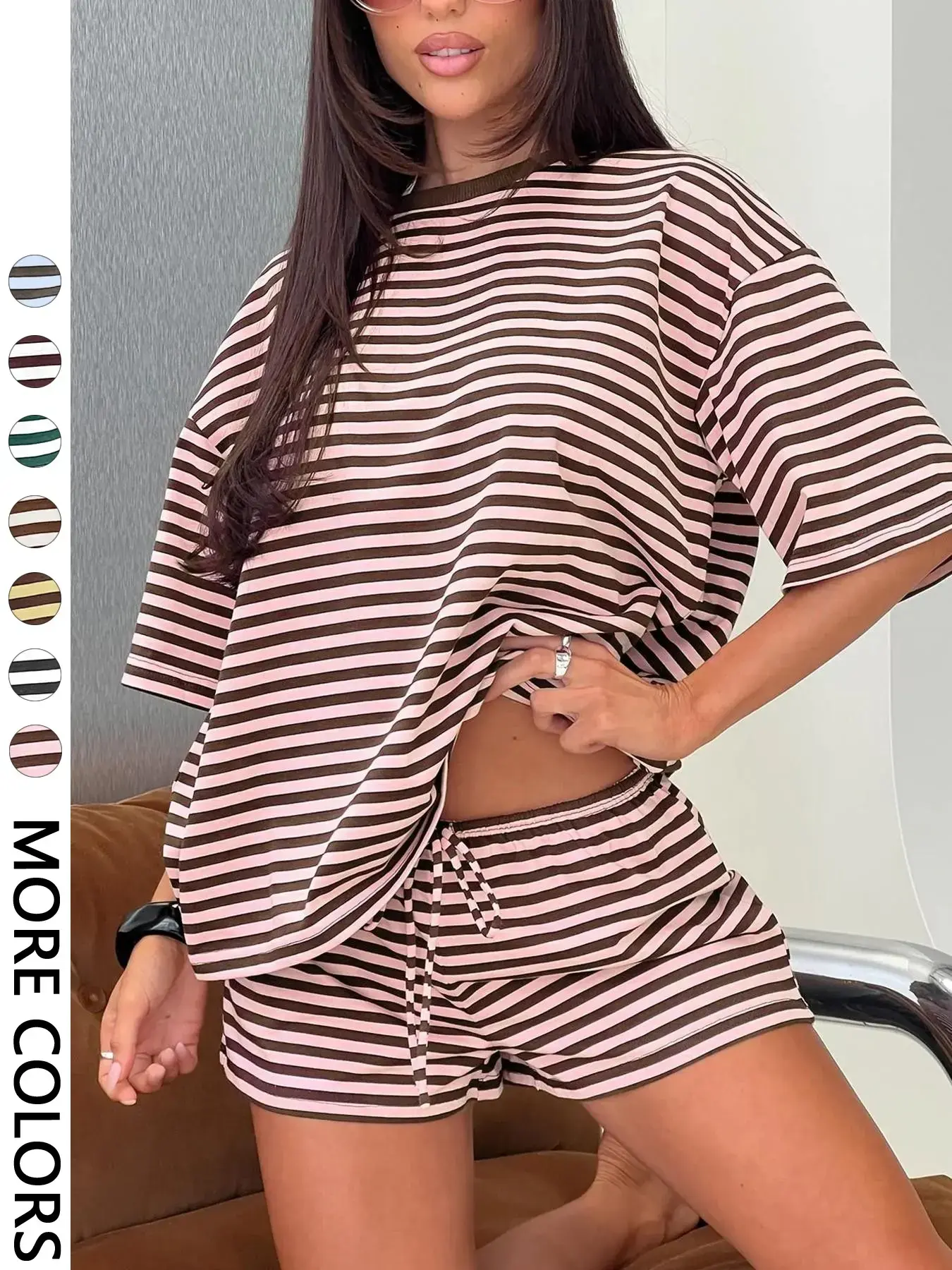 Women's Striped T-Shirt & Drawstring Shorts Set