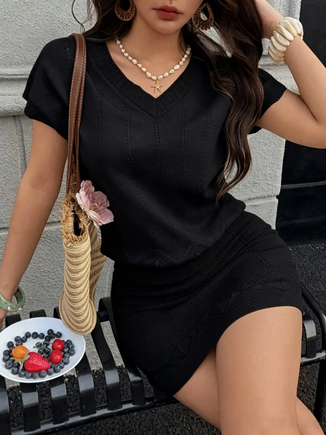 Women's V-Neck Knit Top & A-Line Skirt Set
