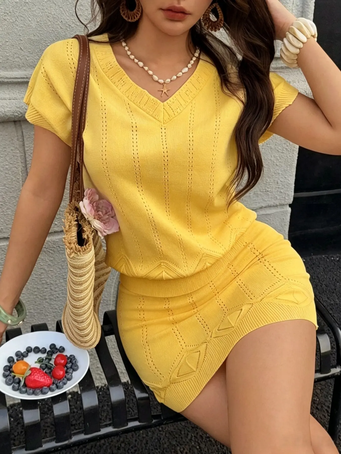 Women's V-Neck Knit Top & A-Line Skirt Set