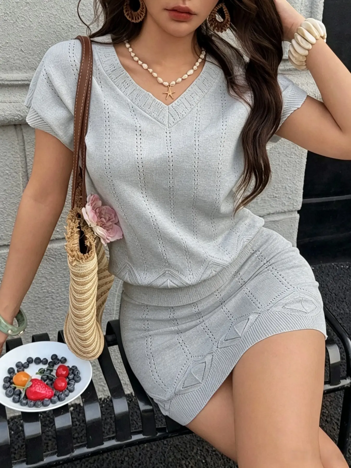Women's V-Neck Knit Top & A-Line Skirt Set