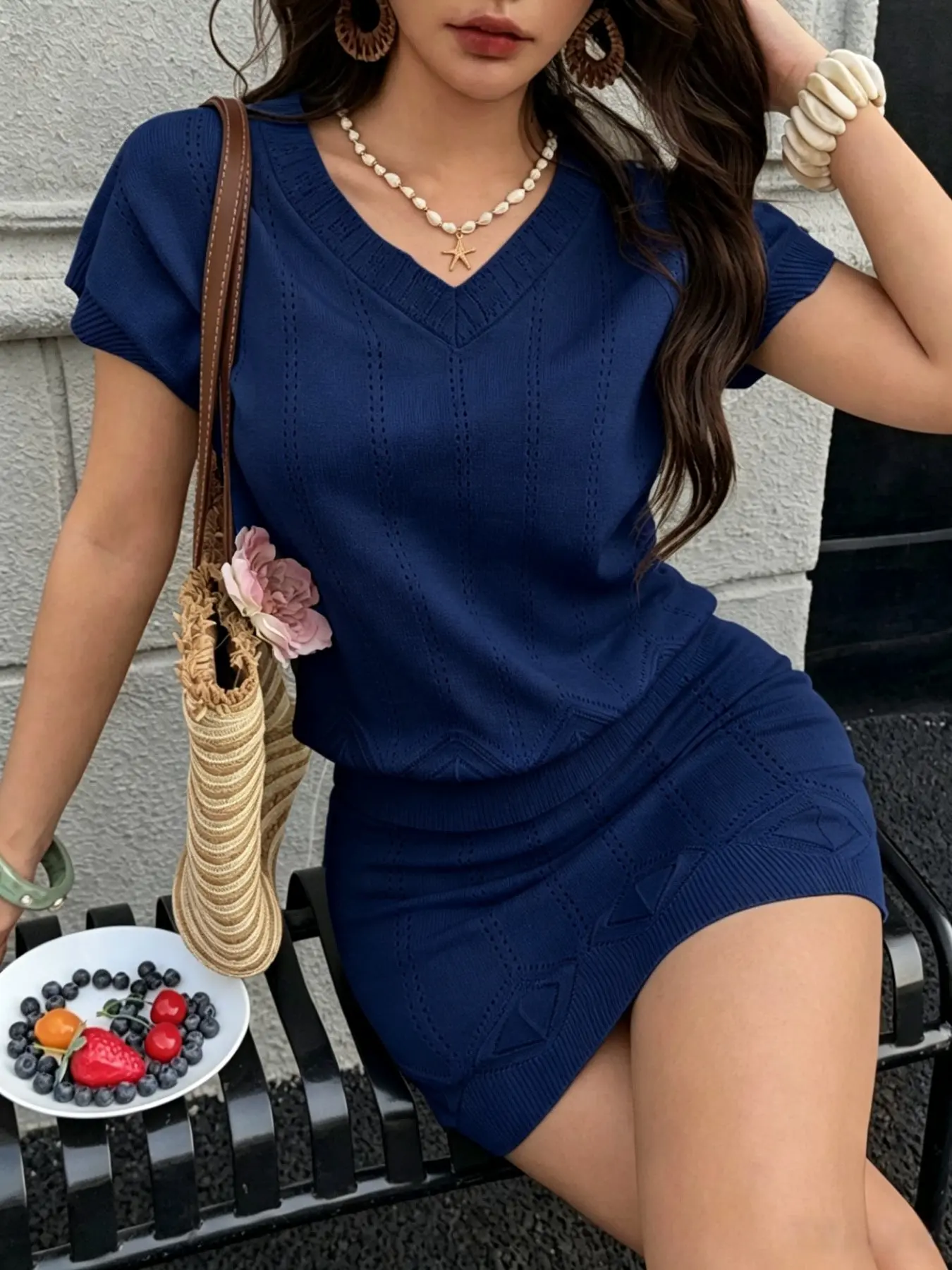 Women's V-Neck Knit Top & A-Line Skirt Set