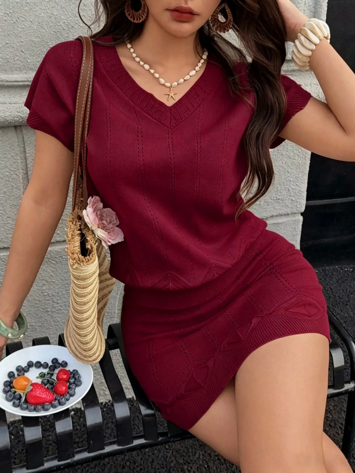 Women's V-Neck Knit Top & A-Line Skirt Set