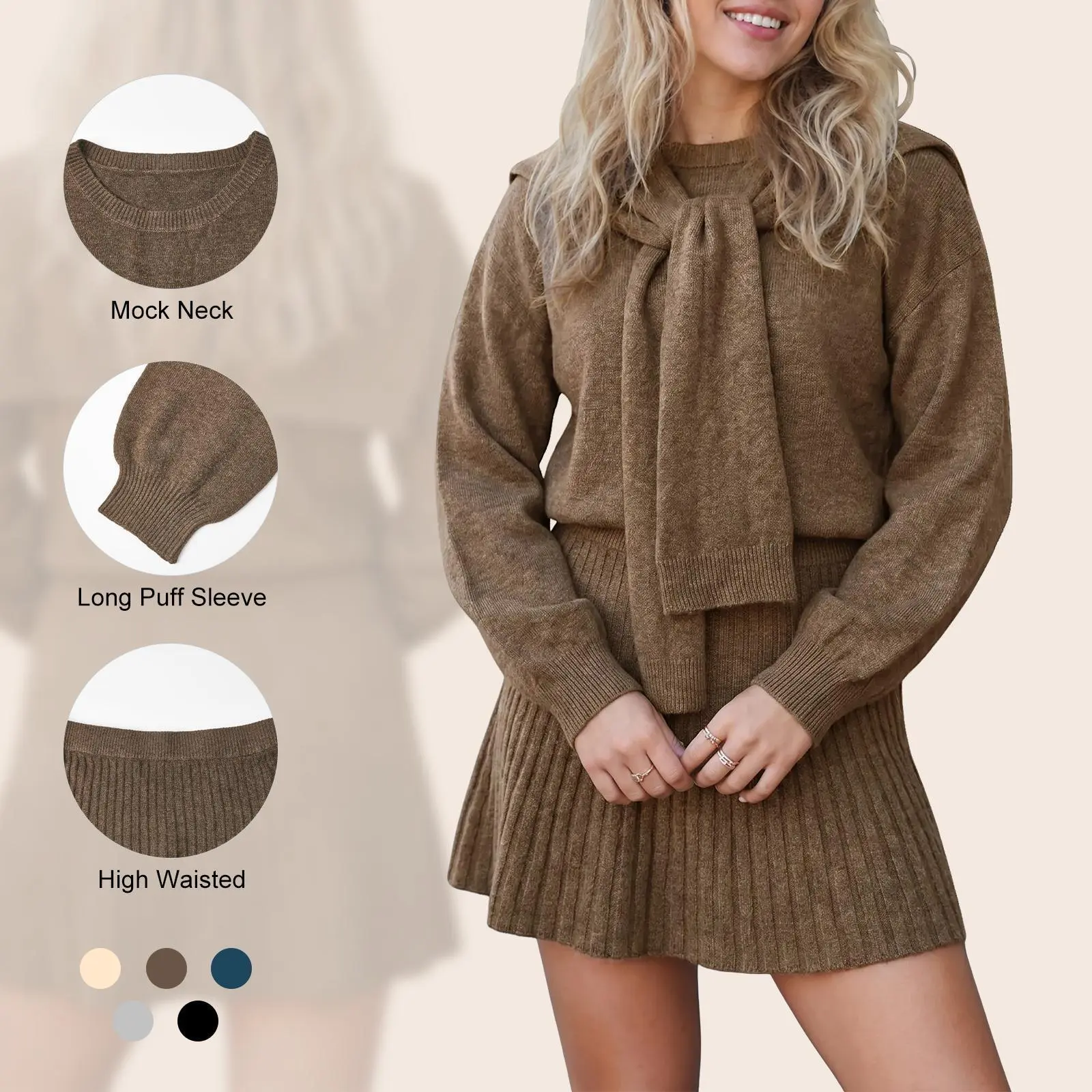 Women's Ribbed Knit Tie-Neck 3-Piece Sweater & Skirt Set