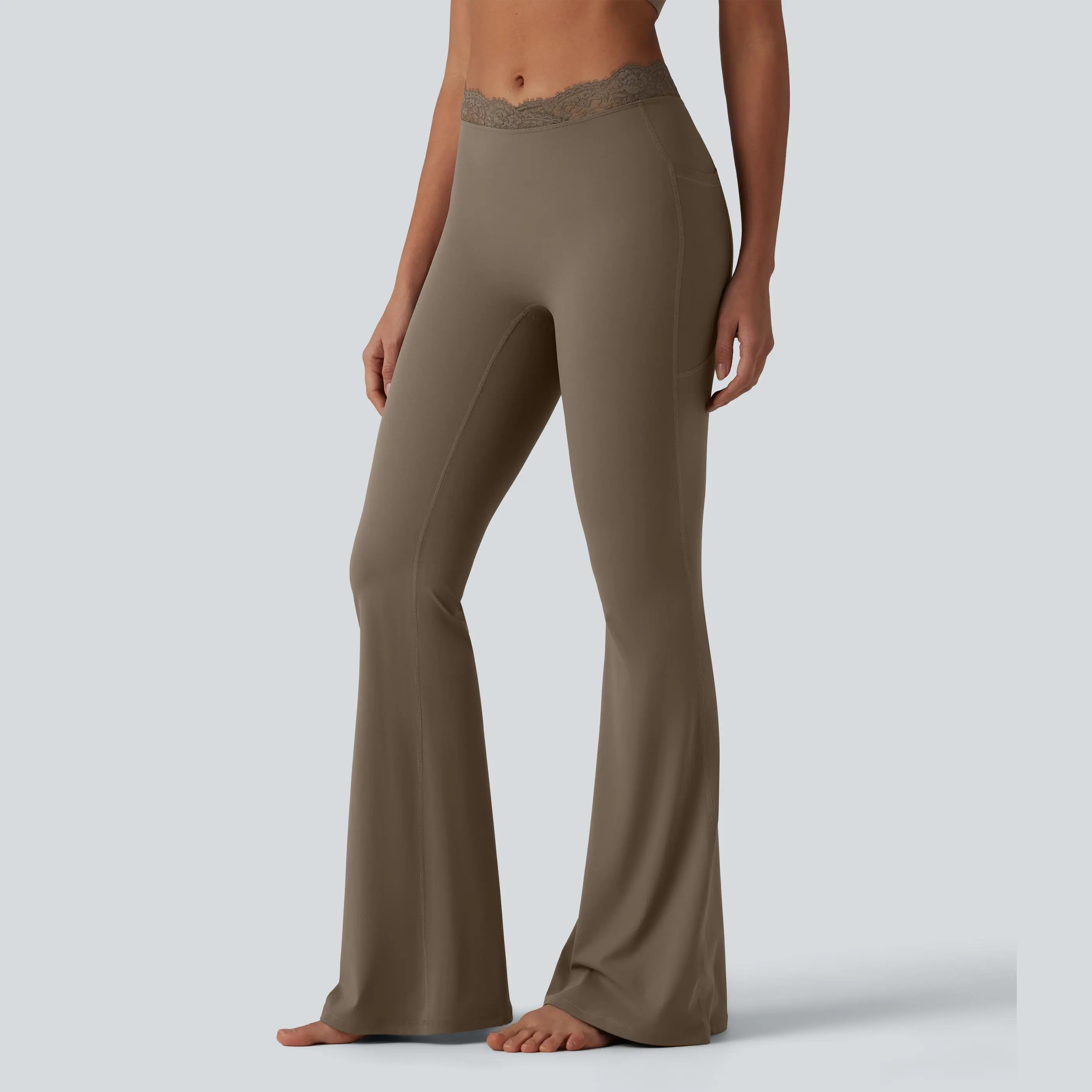 Women's UltraSculpt V-Shaped High Waisted Contrast Lace Yoga Flare Leggings with Pockets