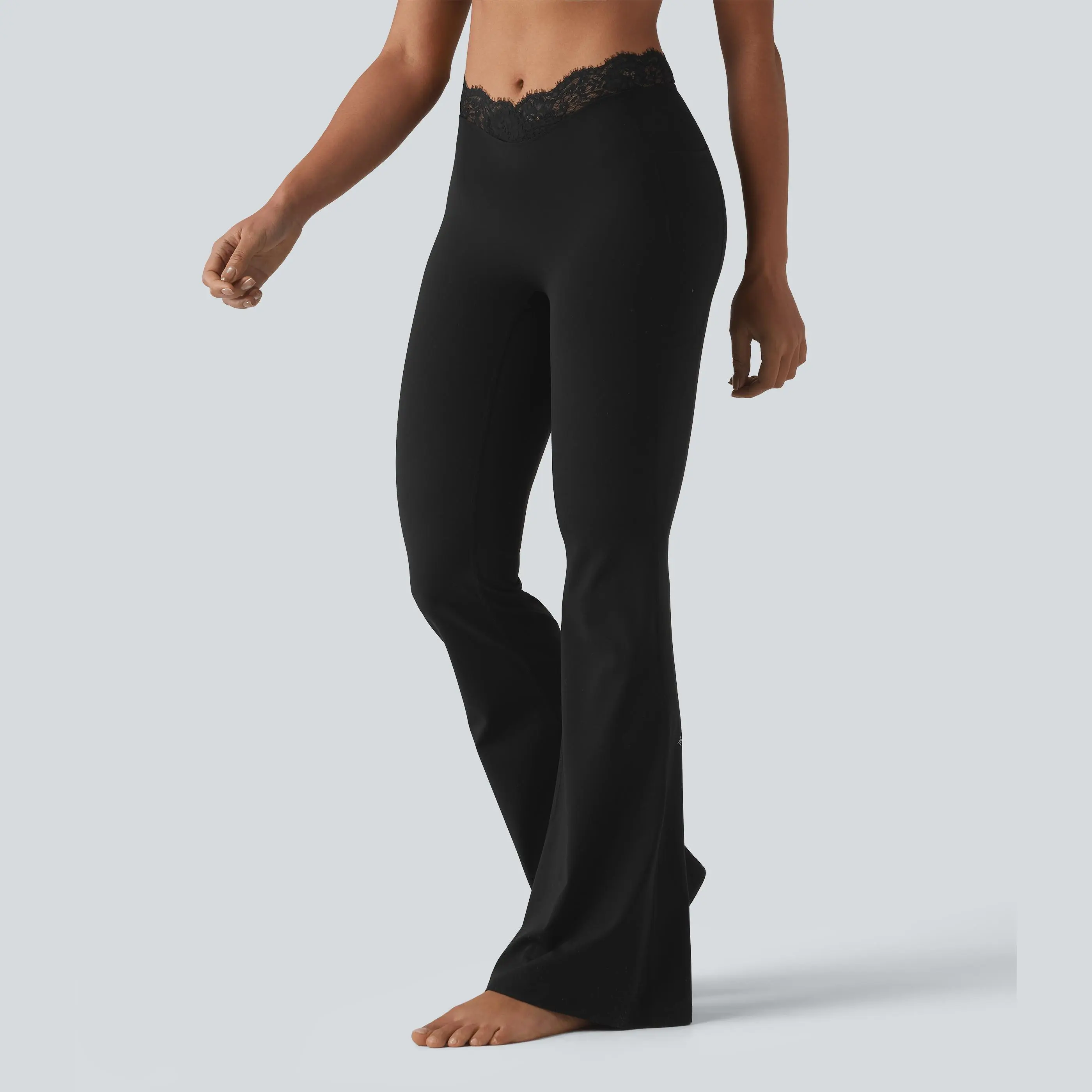 Women's UltraSculpt V-Shaped High Waisted Contrast Lace Yoga Flare Leggings with Pockets