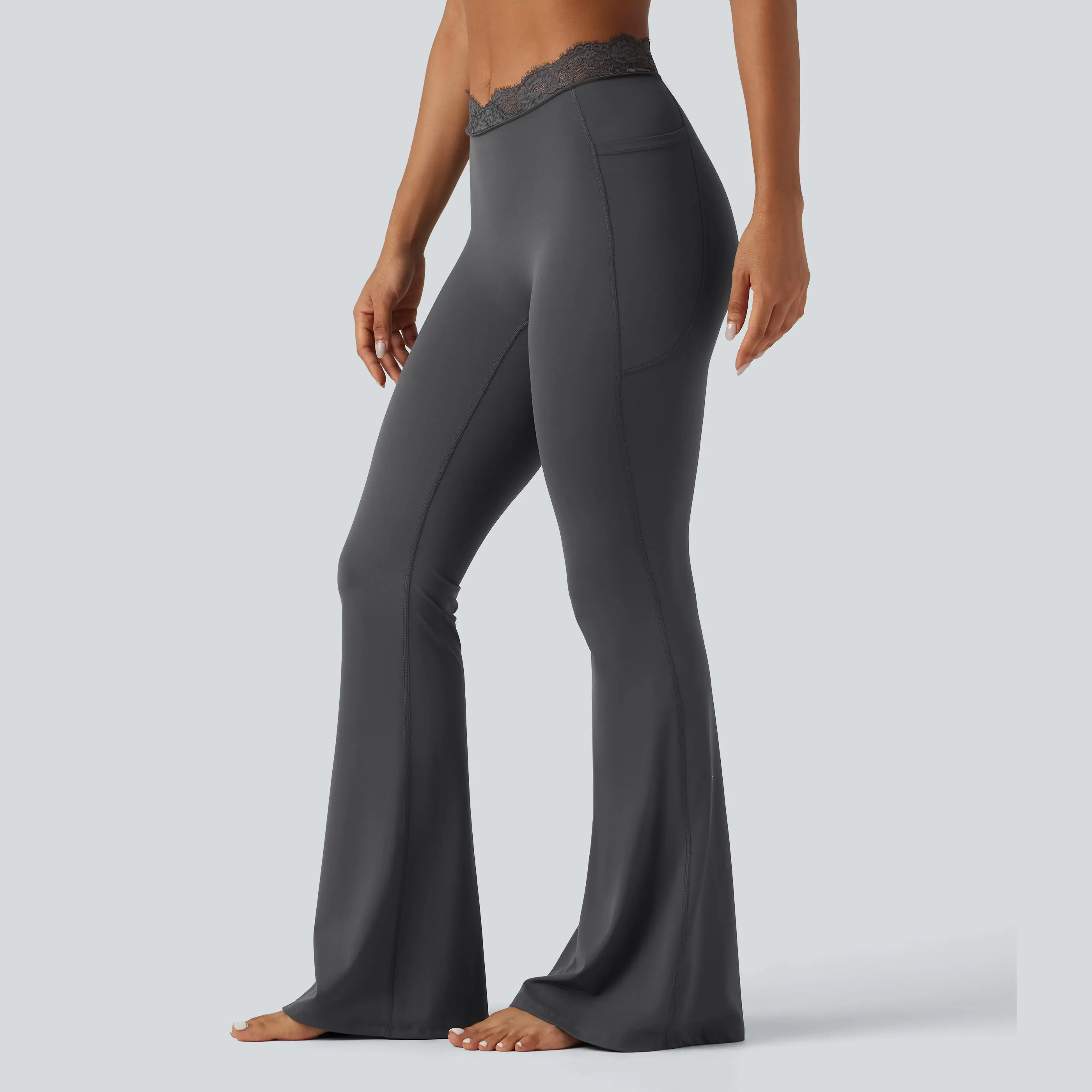 Women's UltraSculpt V-Shaped High Waisted Contrast Lace Yoga Flare Leggings with Pockets