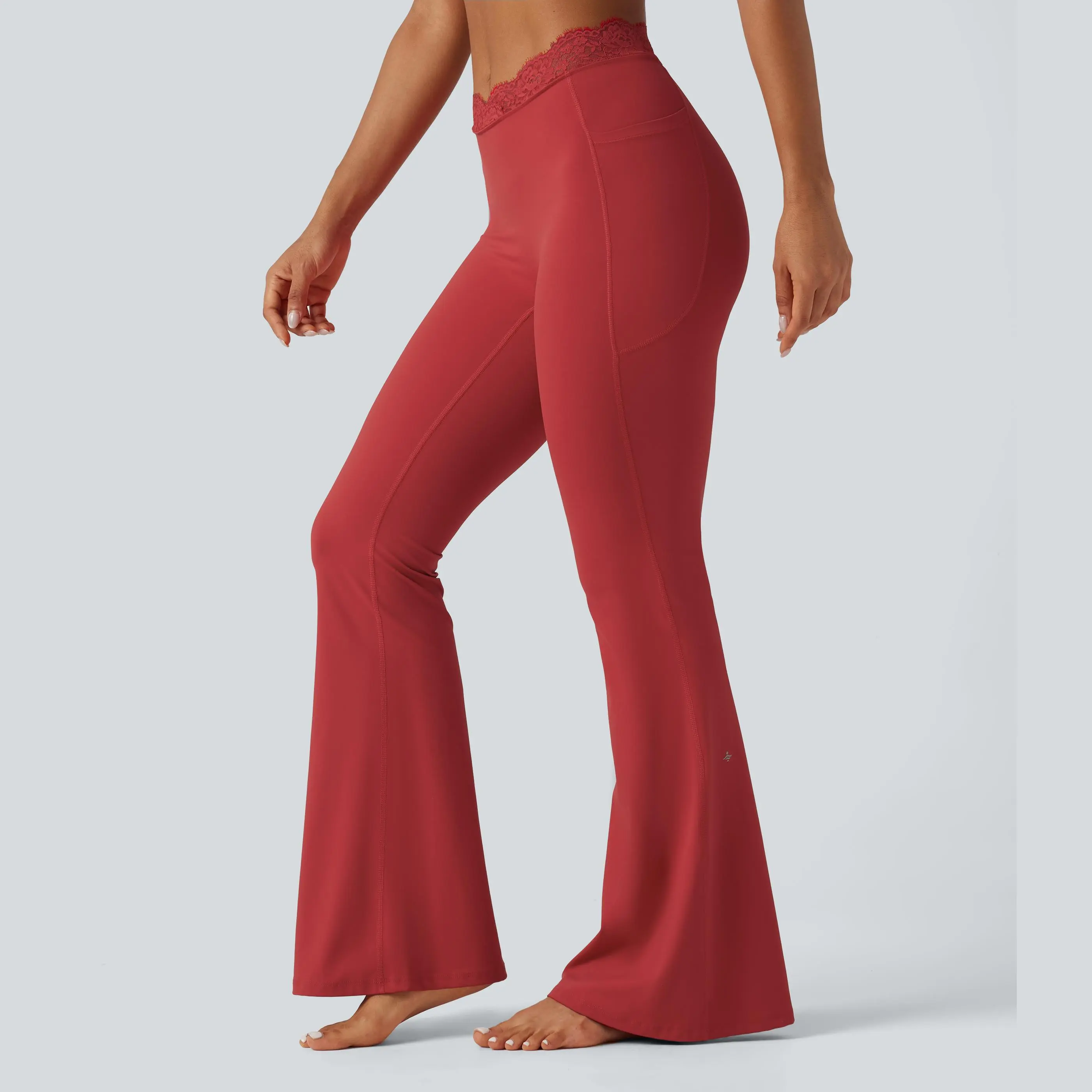 Women's UltraSculpt V-Shaped High Waisted Contrast Lace Yoga Flare Leggings with Pockets