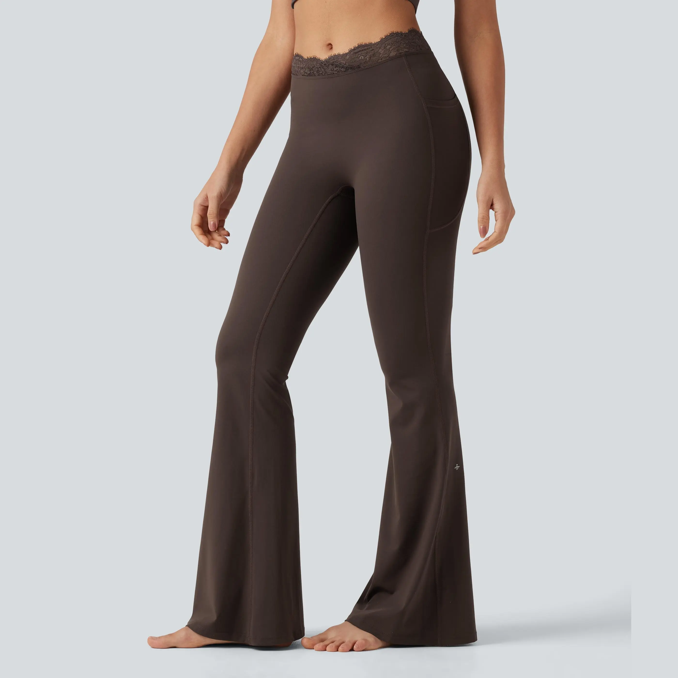 Women's UltraSculpt V-Shaped High Waisted Contrast Lace Yoga Flare Leggings with Pockets