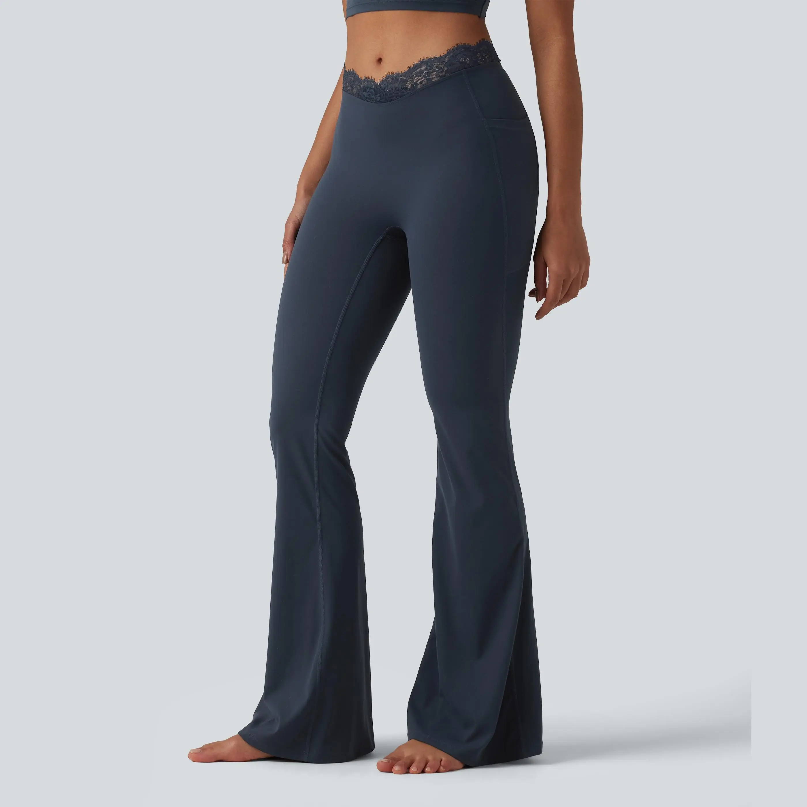 Women's UltraSculpt V-Shaped High Waisted Contrast Lace Yoga Flare Leggings with Pockets