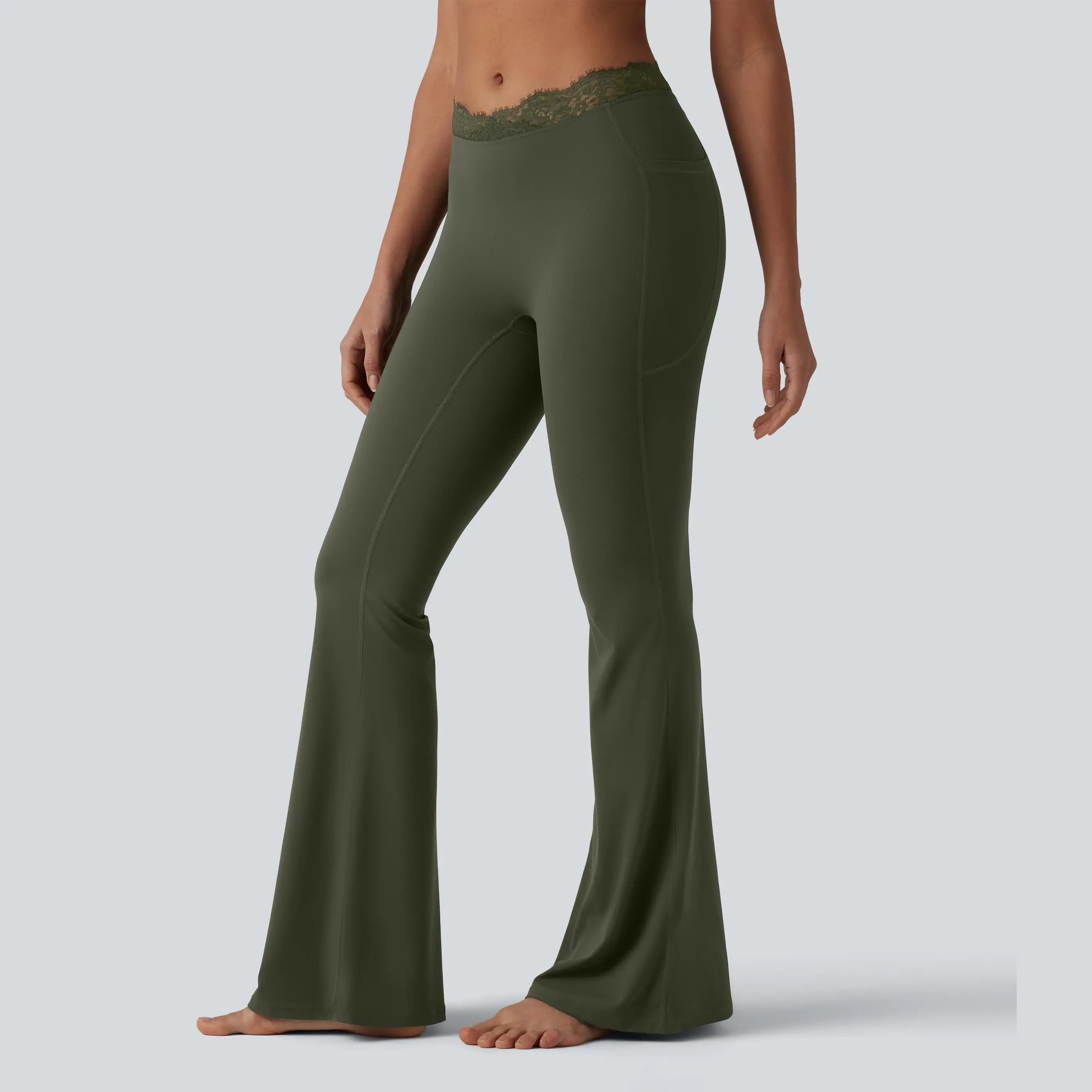 Women's UltraSculpt V-Shaped High Waisted Contrast Lace Yoga Flare Leggings with Pockets