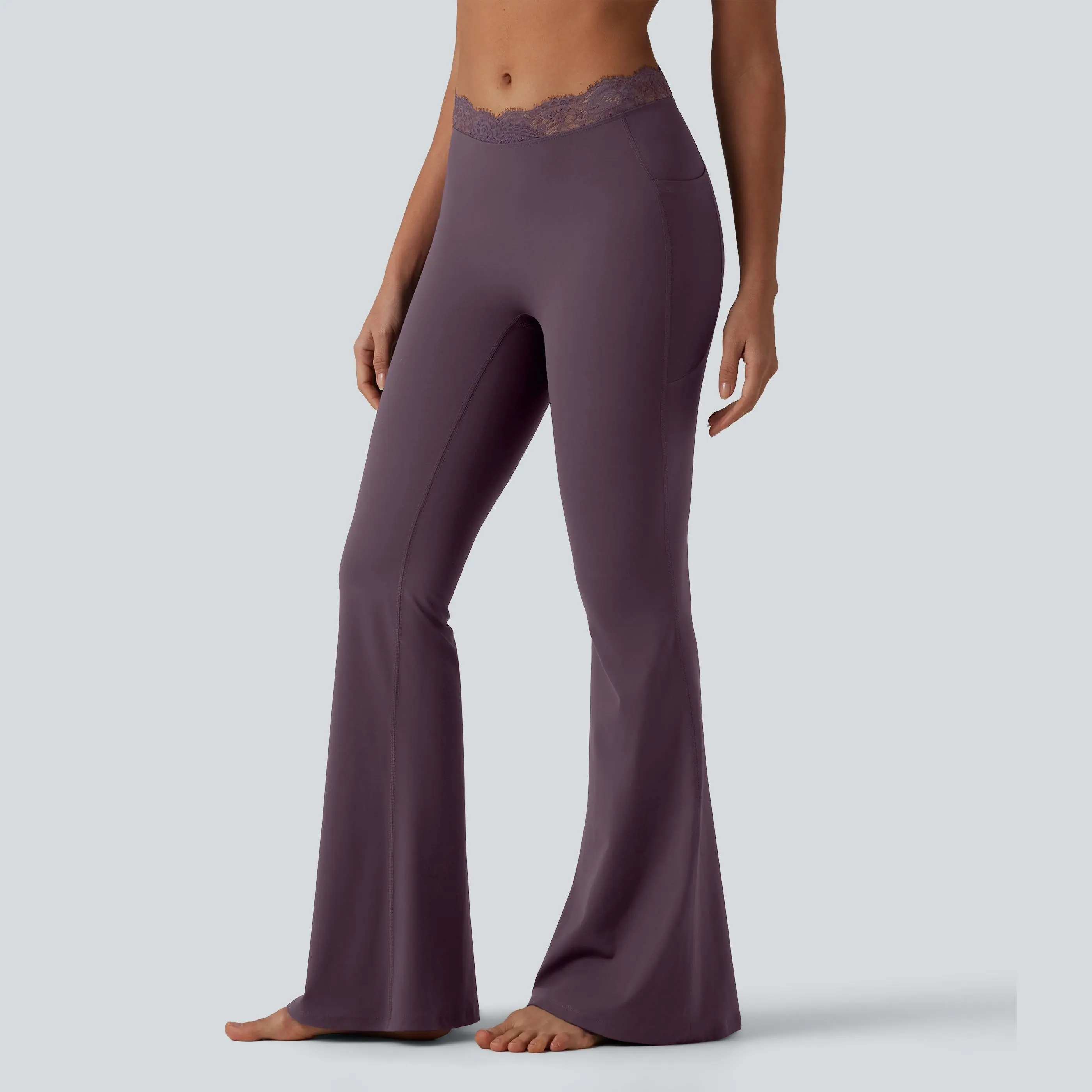 Women's UltraSculpt V-Shaped High Waisted Contrast Lace Yoga Flare Leggings with Pockets