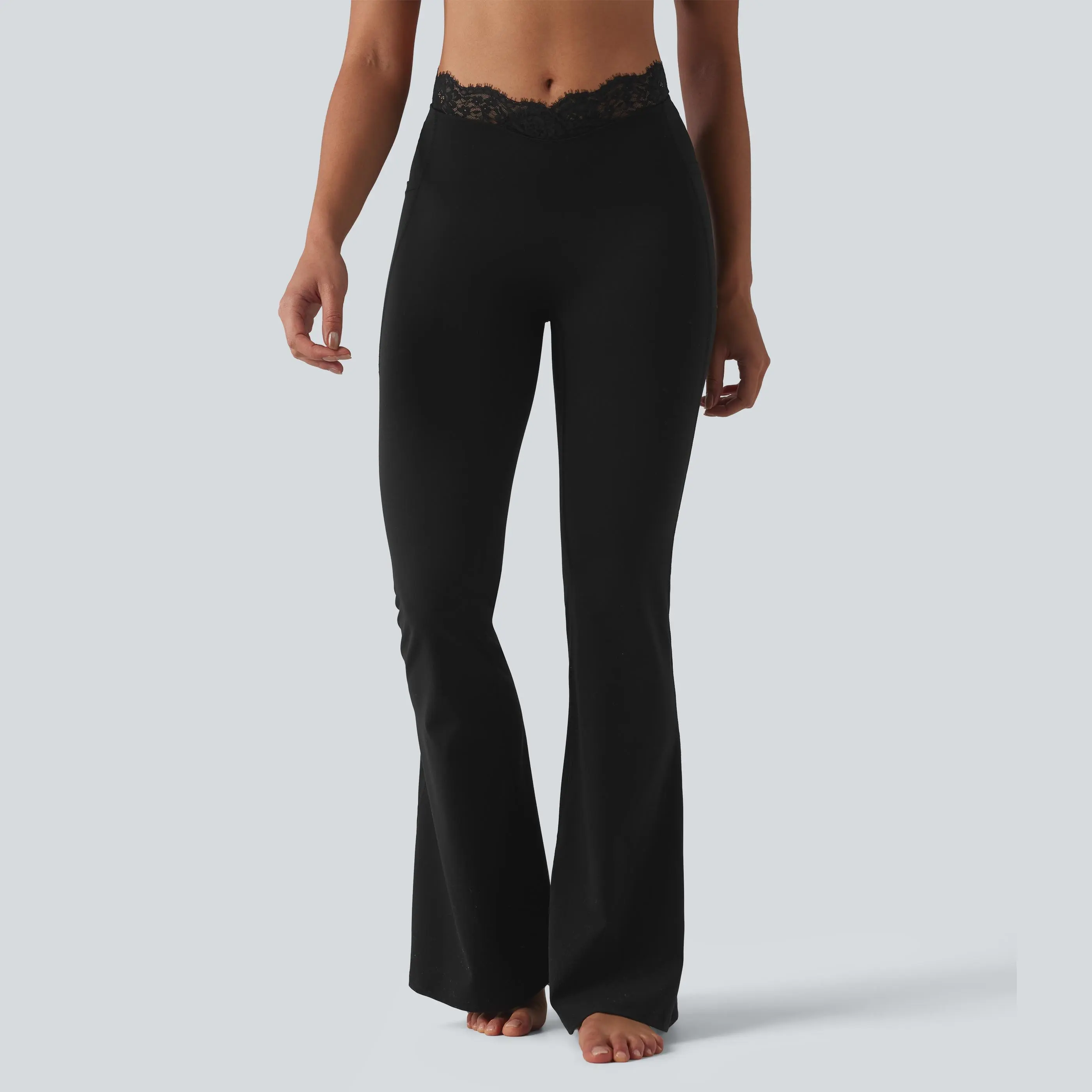 Women's UltraSculpt V-Shaped High Waisted Contrast Lace Yoga Flare Leggings with Pockets
