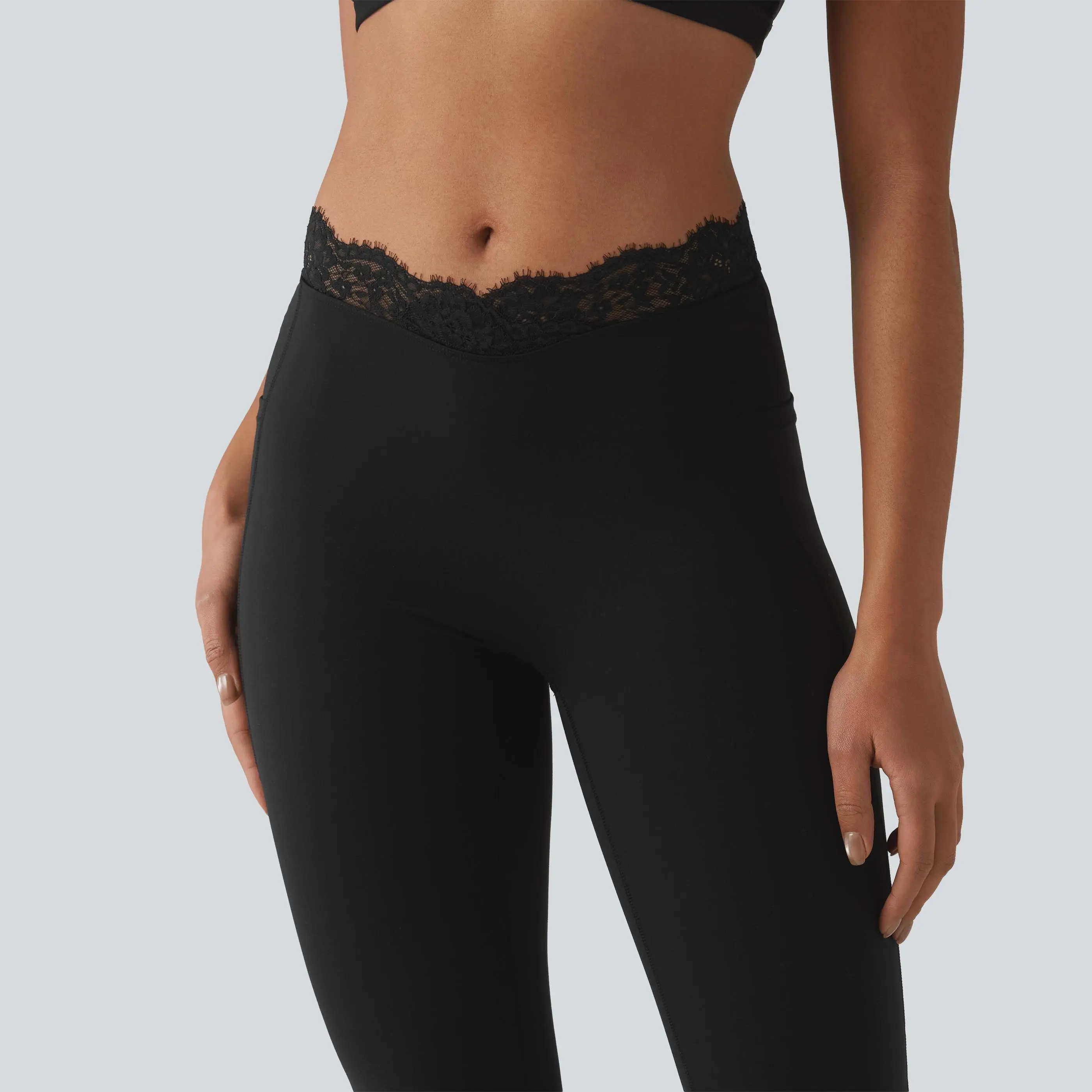 Women's UltraSculpt V-Shaped High Waisted Contrast Lace Yoga Flare Leggings with Pockets